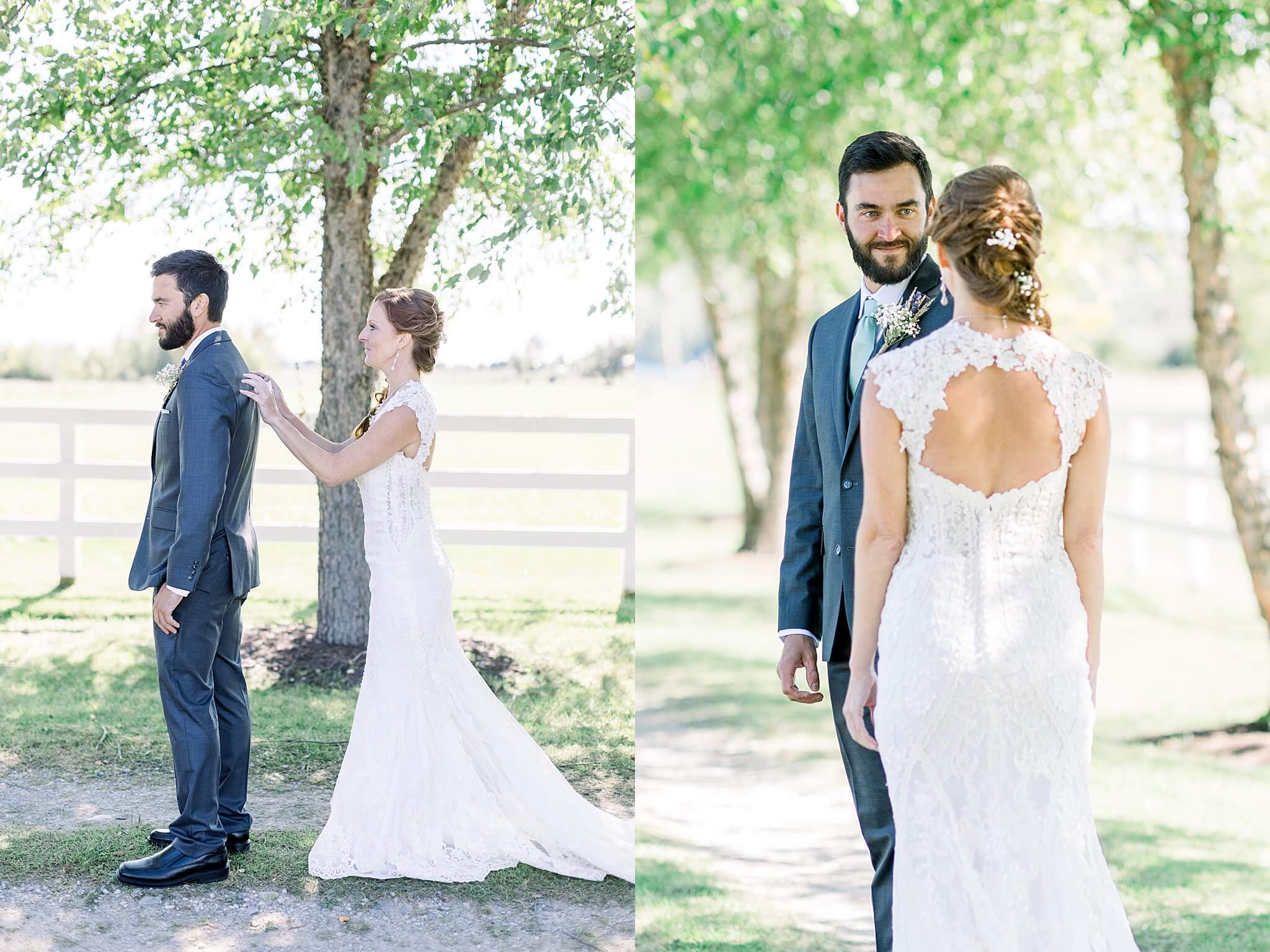 Bride and groom share first look at Crooked Creek Ranch wedding.