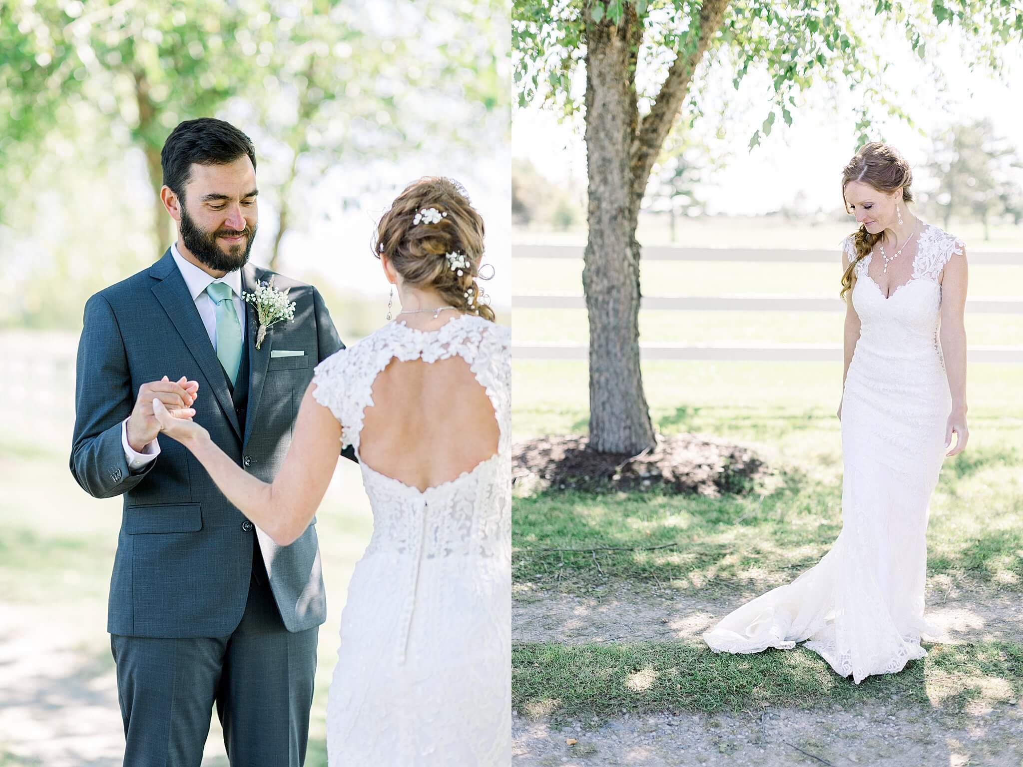 Bride shows off her dress to groom during first look at Crooked Creek Ranch wedding.
