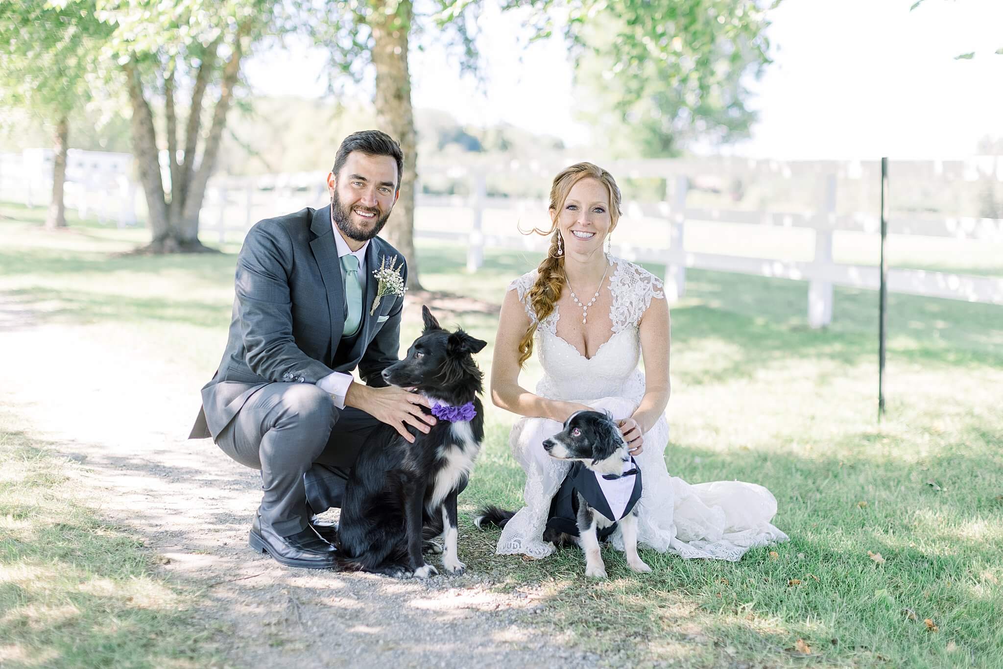 Bride and groom take pictures with their puppies during Crooked Creek Ranch wedding.