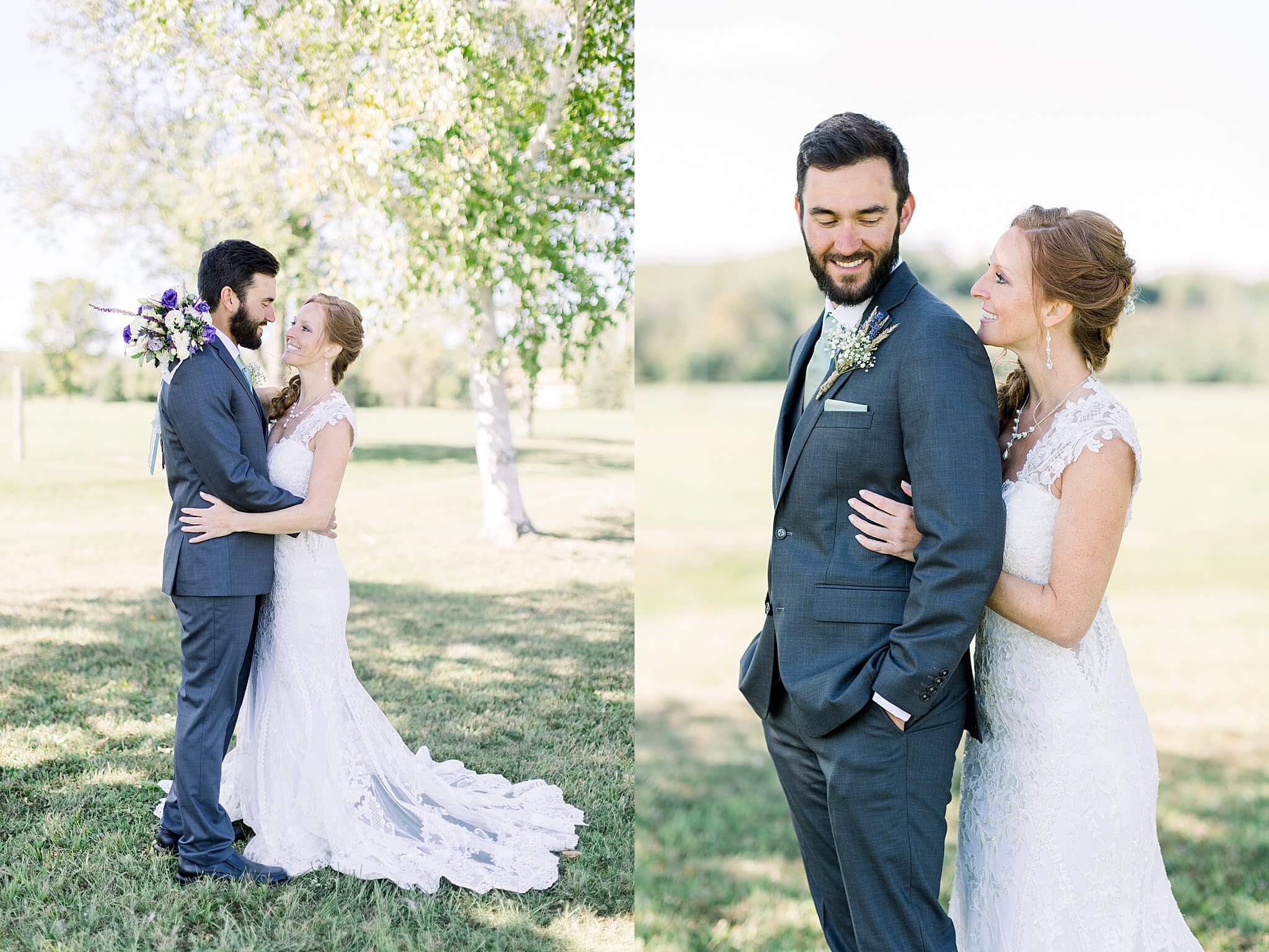 Bride smiles at groom for wedding portraits during Crooked Creek Ranch wedding.