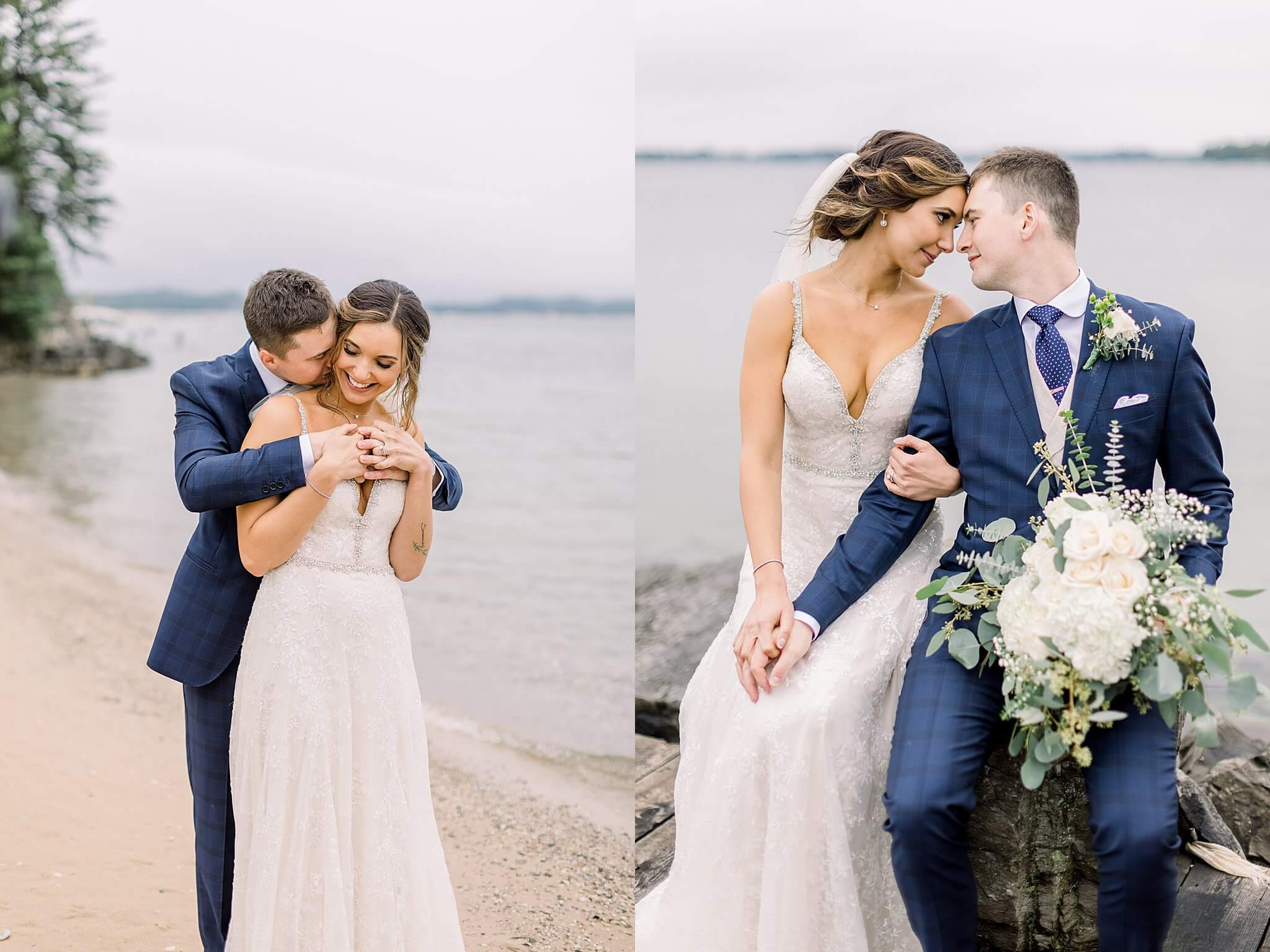 Bride and groom snuggle on beach during Intimate Northern Michigan Wedding day pictures.