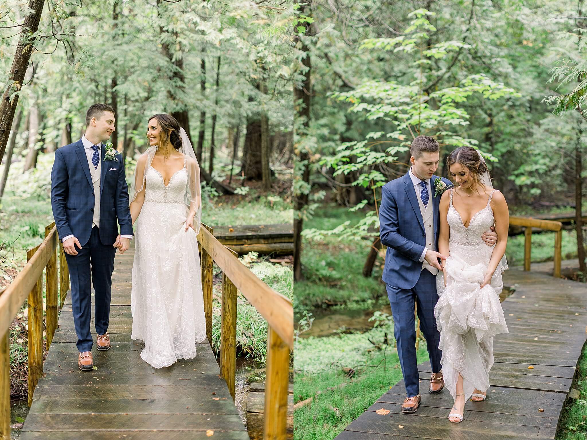 Bride and groom walk in woods on rainy Intimate Northern Michigan Wedding day. 