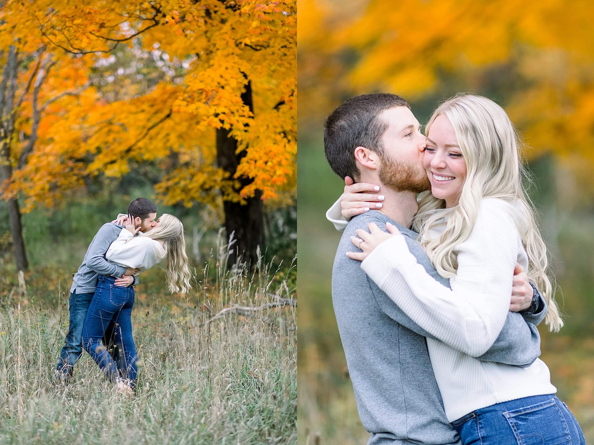 Groom kisses bride surrounded by orange leaves during M22 Fall Engagement Session in Northern Michigan.