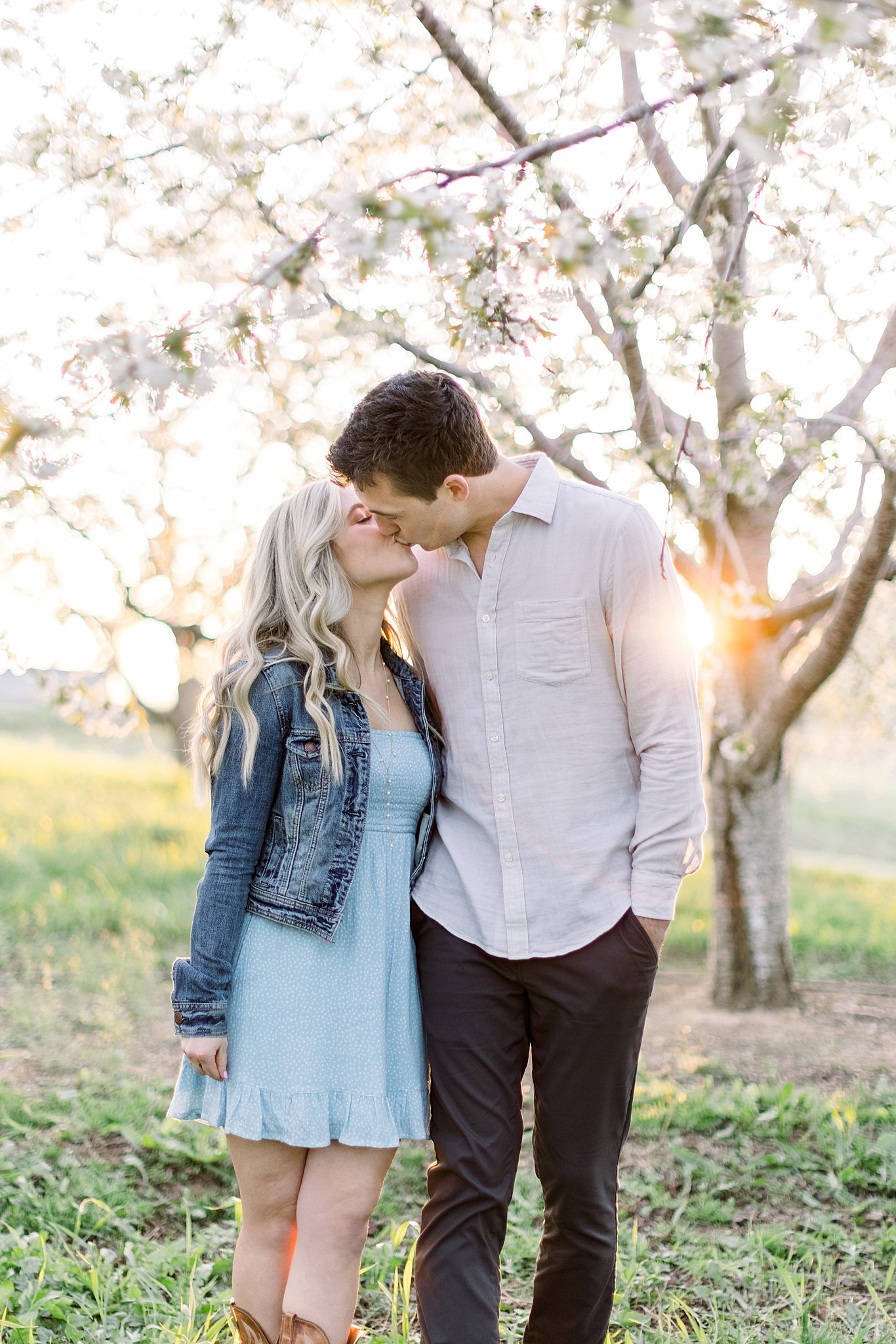 Couple kisses while the sunset flares through cherry blossoms during their cherry blossom engagement session in Traverse City, Northern Michigan. 
