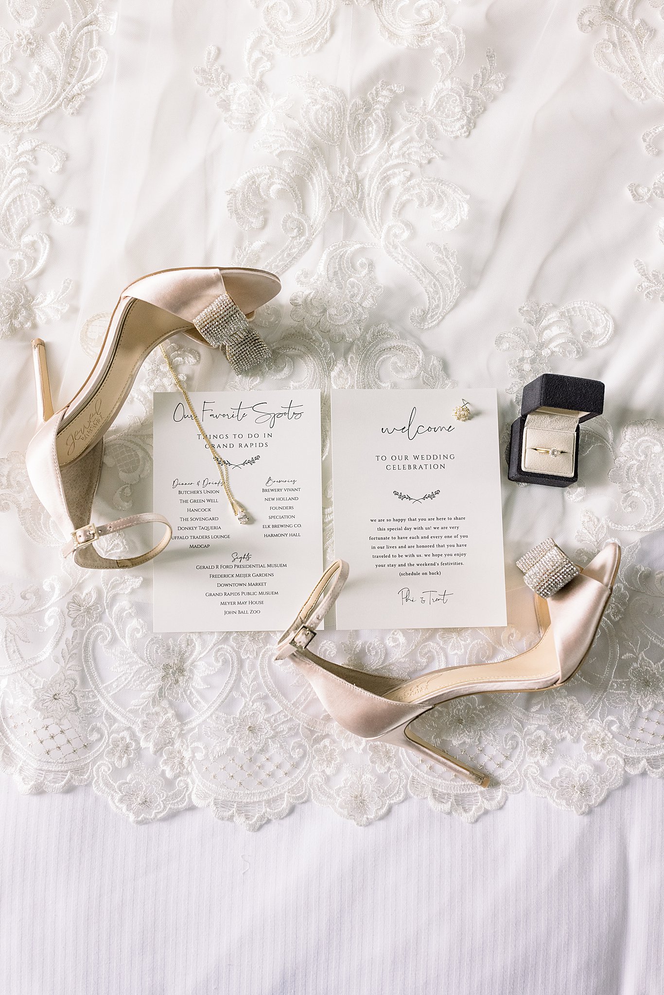 Flatlay of bride's details for elegant Grand Rapids wedding.