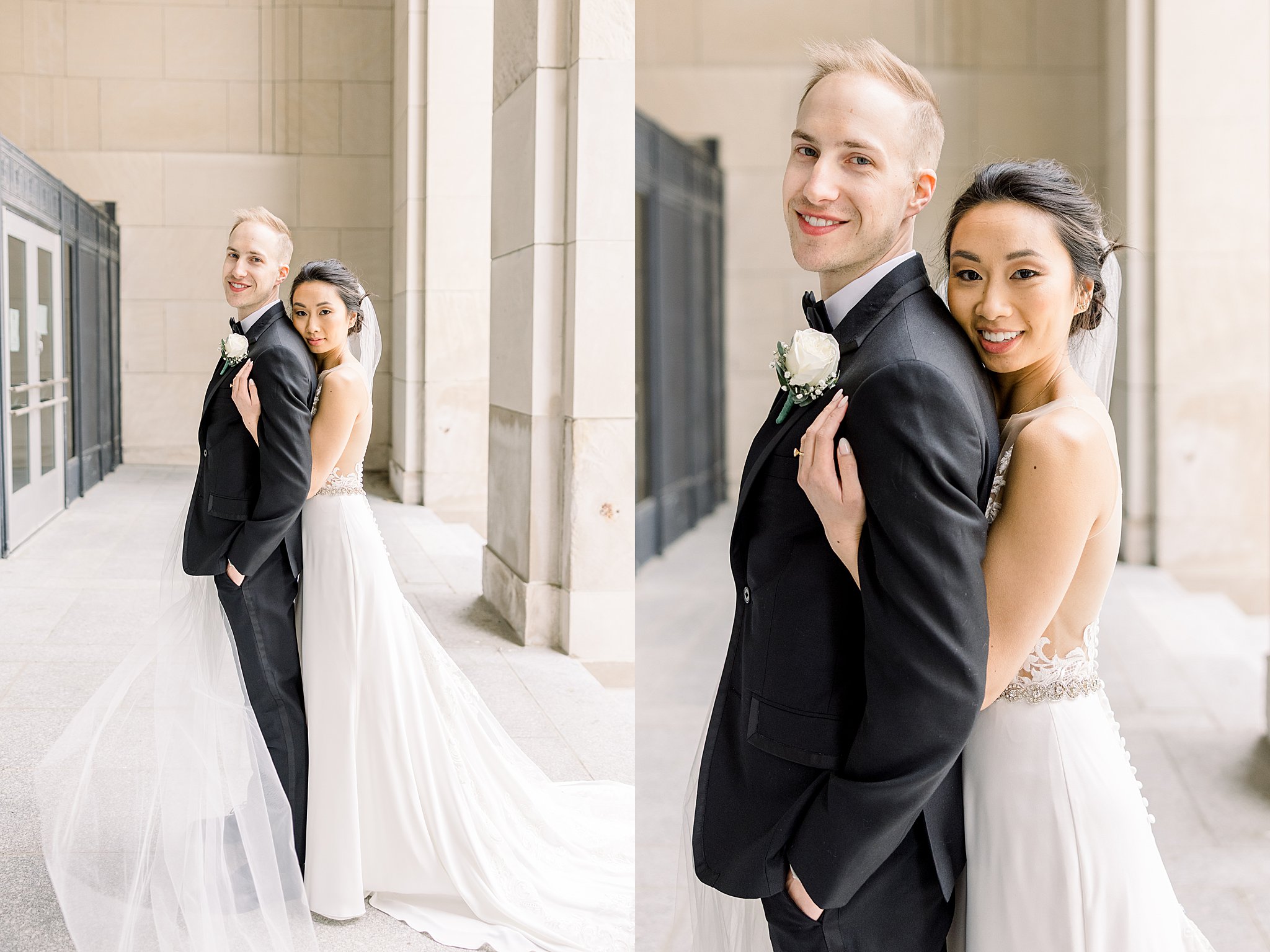 Bride and groom take portraits at Civic Center during elegant Grand Rapids wedding.