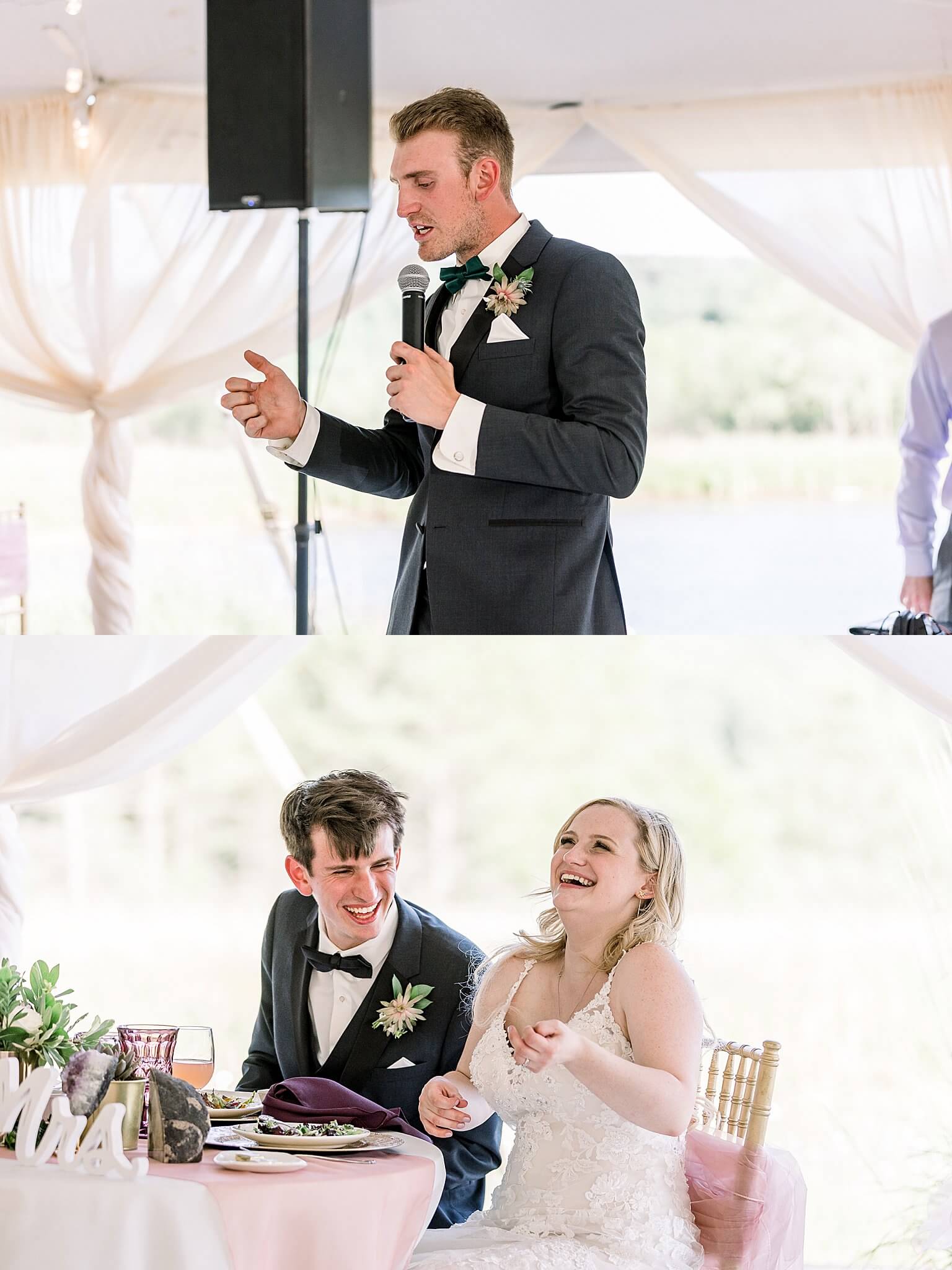 Bride and groom laugh during reception toasts during Nature Michigan wedding.
