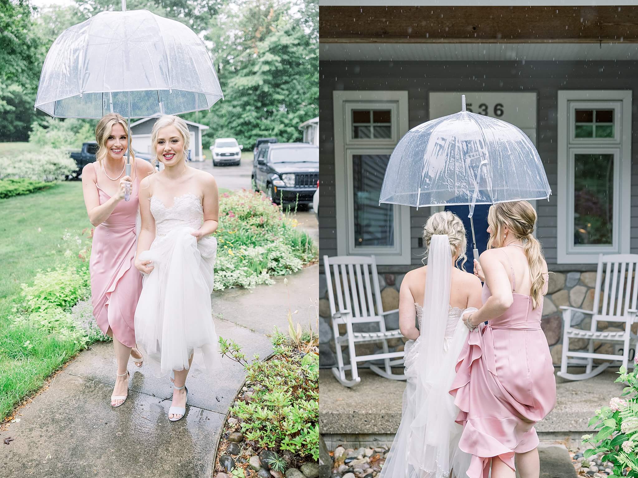 Bride walks to first look under the cover of an umbrella during her rainy Traverse City wedding day.