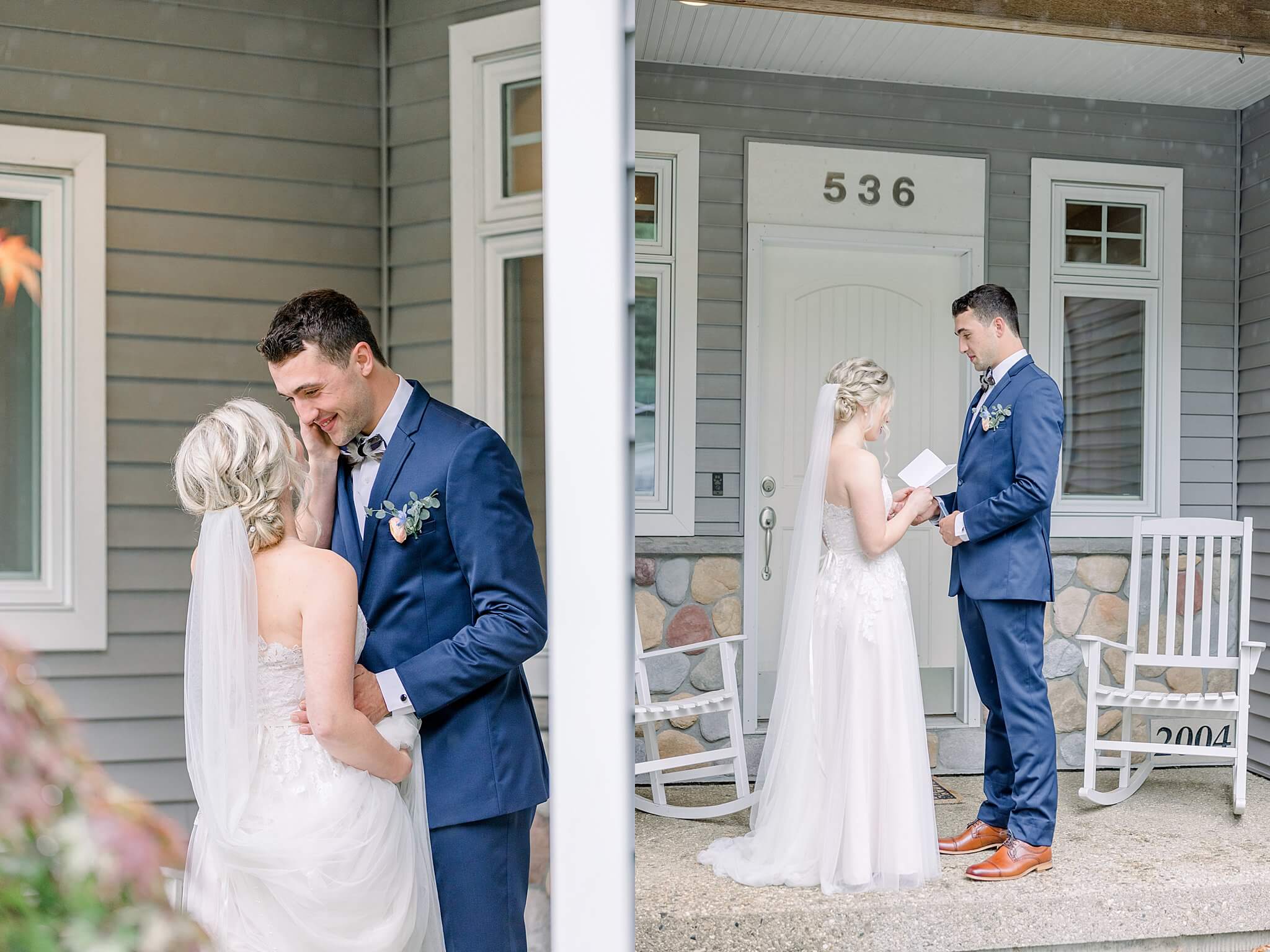 Bride and groom share intimate first look moment and private vows on a covered porch during romantic, rainy Traverse City wedding.