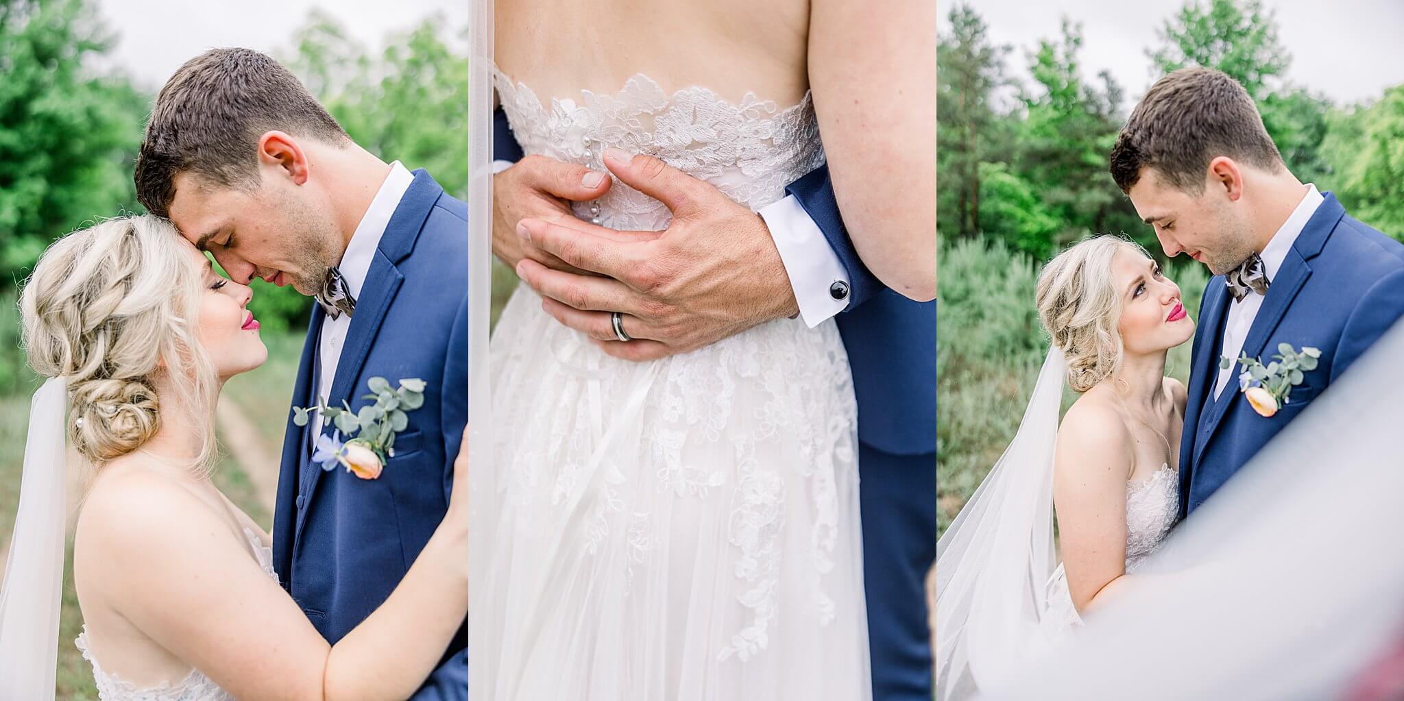 A collage of bride and groom portraits taken during their Traverse City wedding.