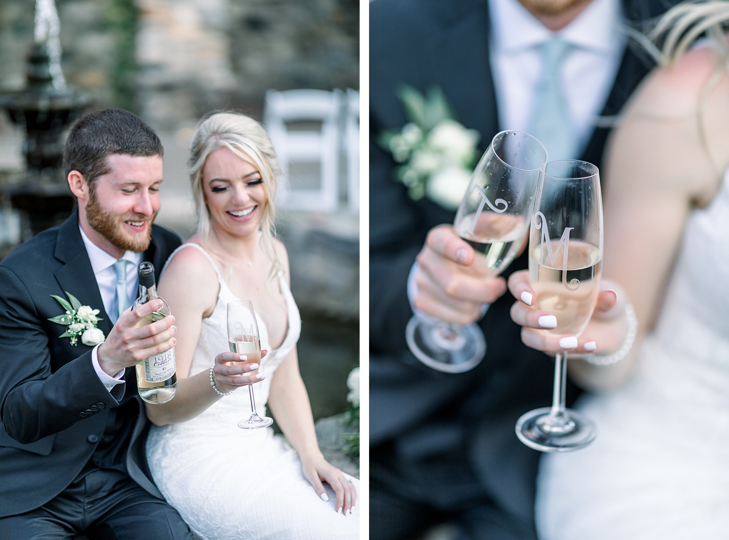 Bride and groom share private toast in Queen's Courtyard at Castle Farms wedding