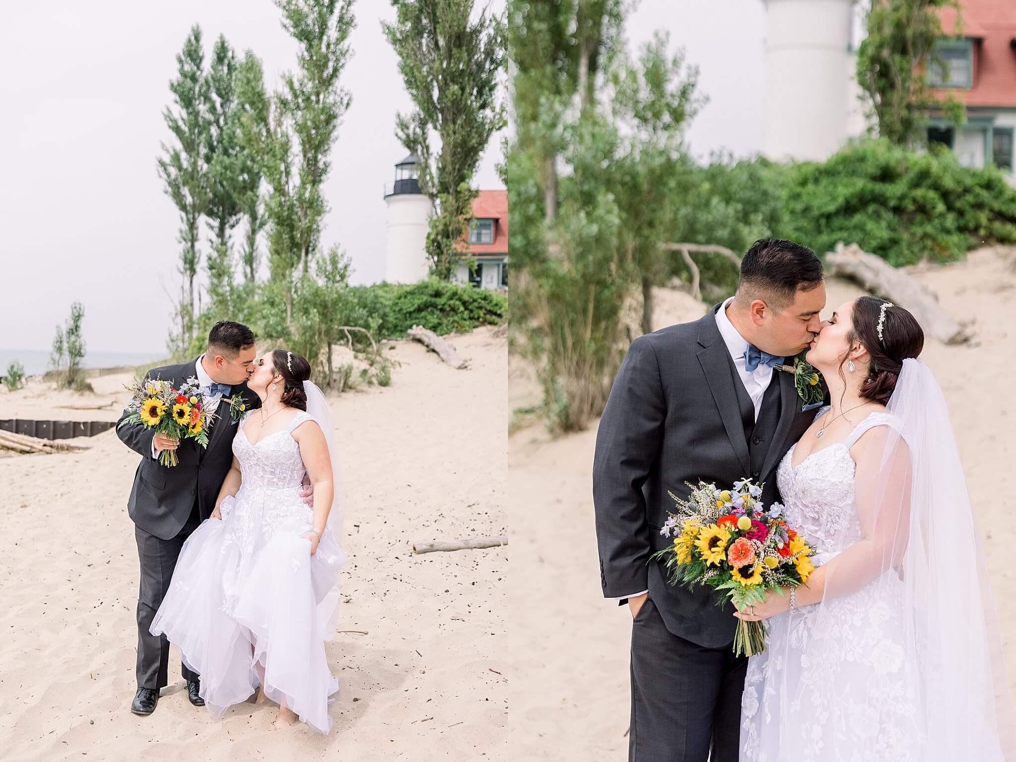 Bride and groom share a kiss before there Elberta Life Saving Station wedding ceremony.