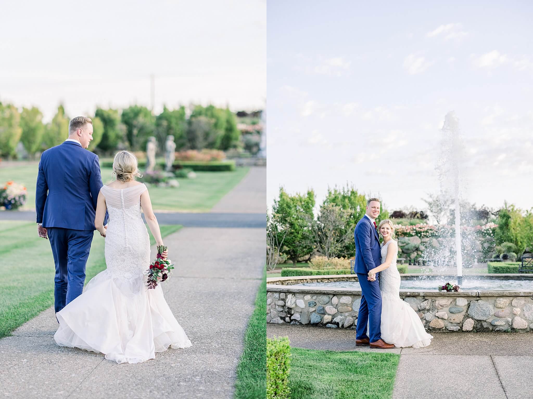 Bride and groom smile in front of fountain in the courtyard of Castle Farms wedding venue.