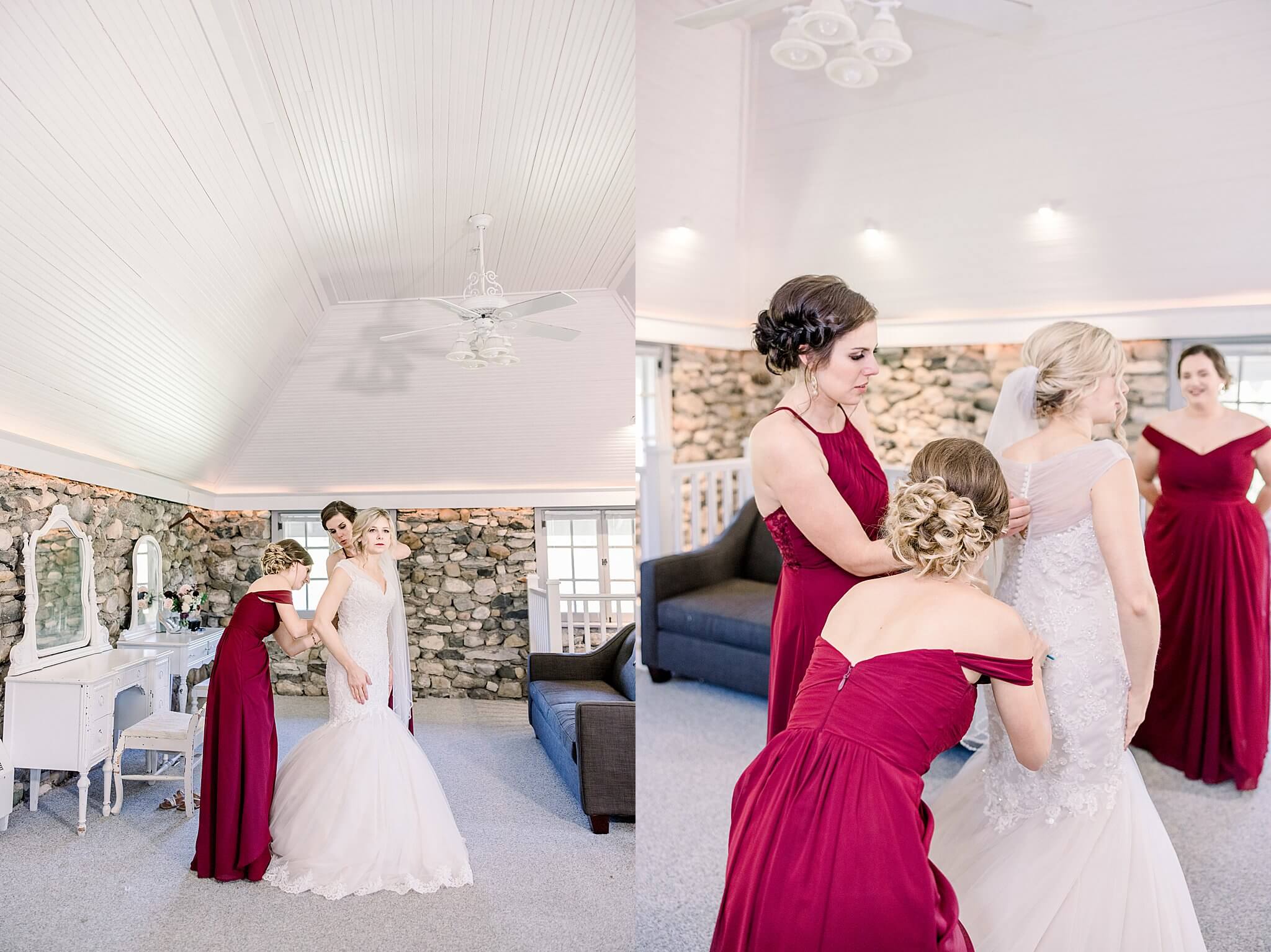 Bridesmaids help the bride into her dress before her first look at Castle Farms.