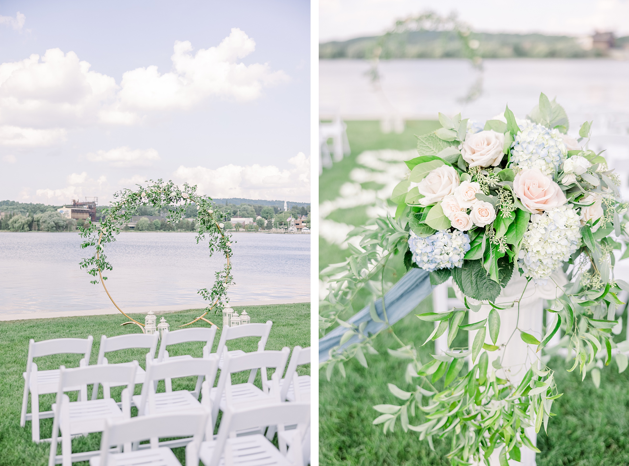 Wedding arch and ceremony florals for gorgeous sky blue wedding on the shore of Lake Charlevoix at The Boathouse.