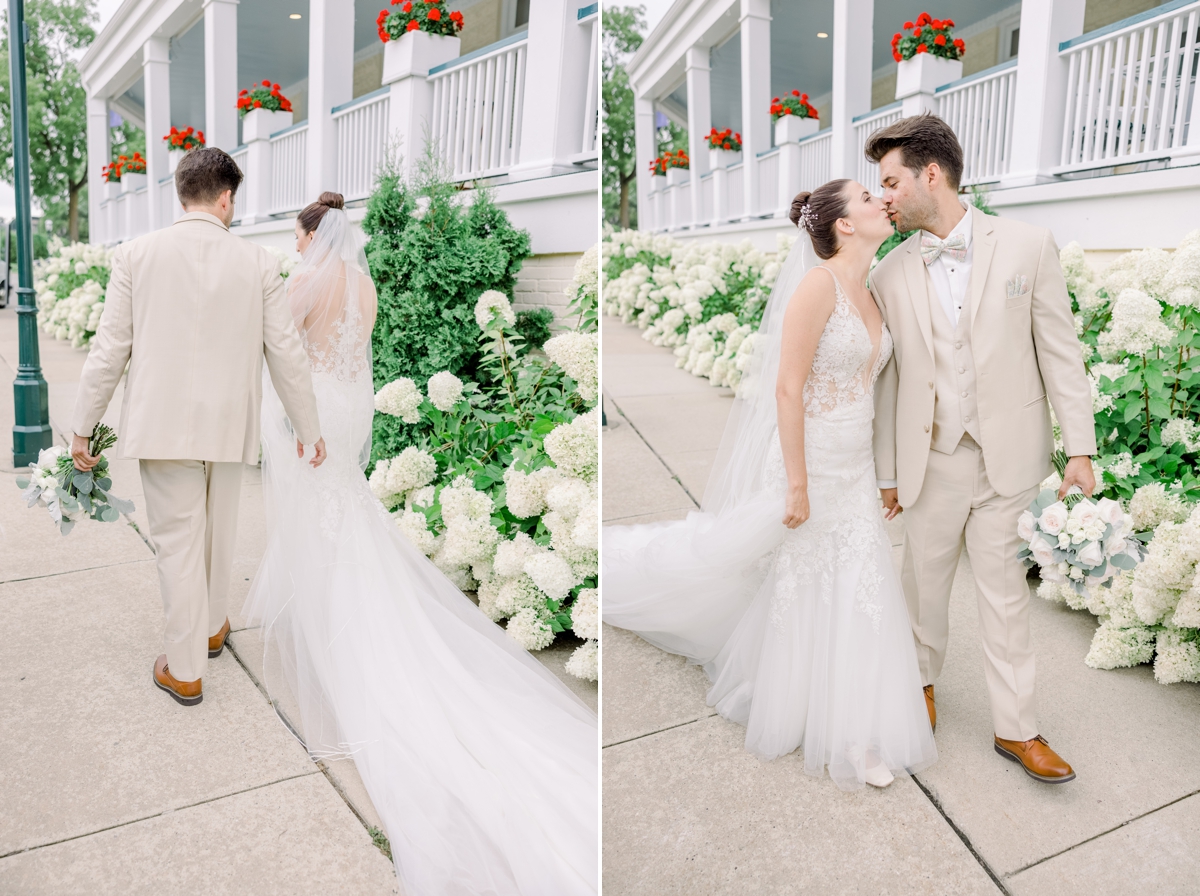 Collage of Alyssa and Marcus walking in front of the Perry Hotel on their wedding day in Petoskey, MI.