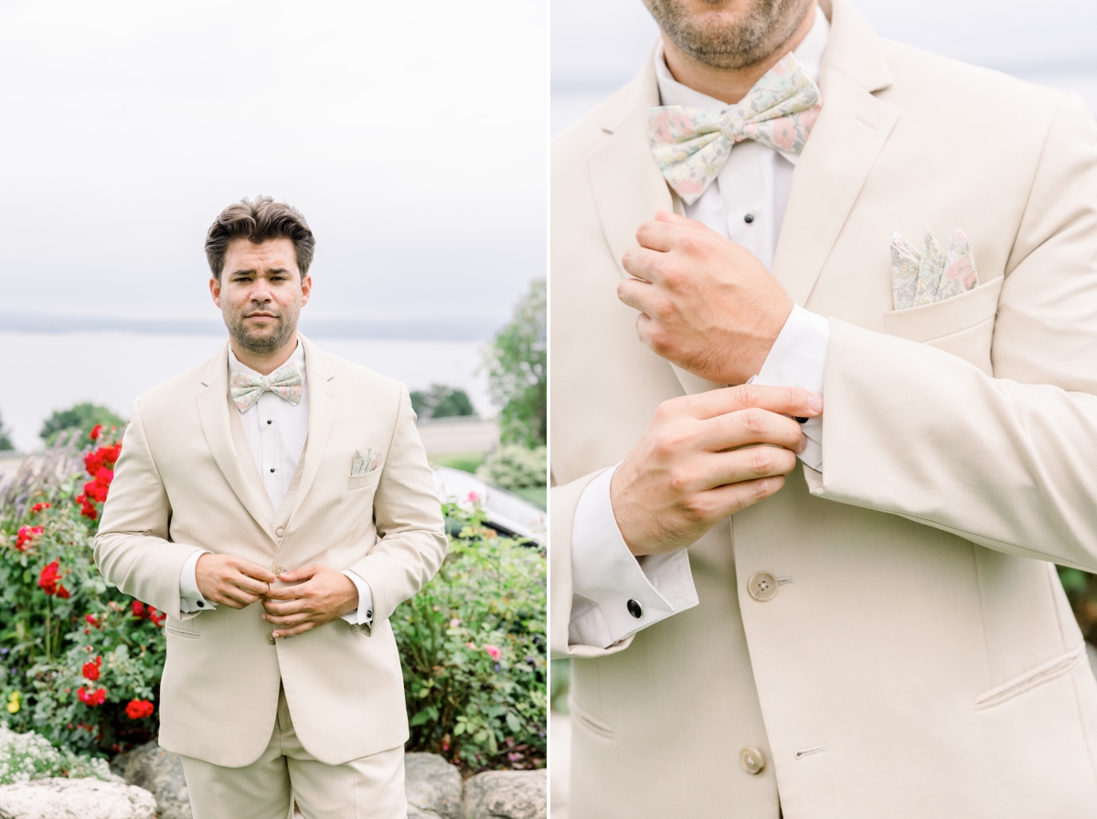 Collage of Marcus straightening his suit on his wedding day.