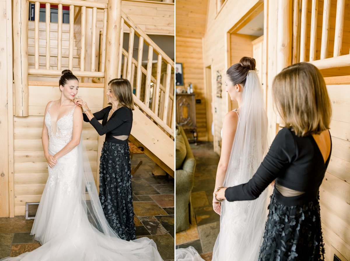 Collage of Alyssa's mom helping her into her wedding dress.