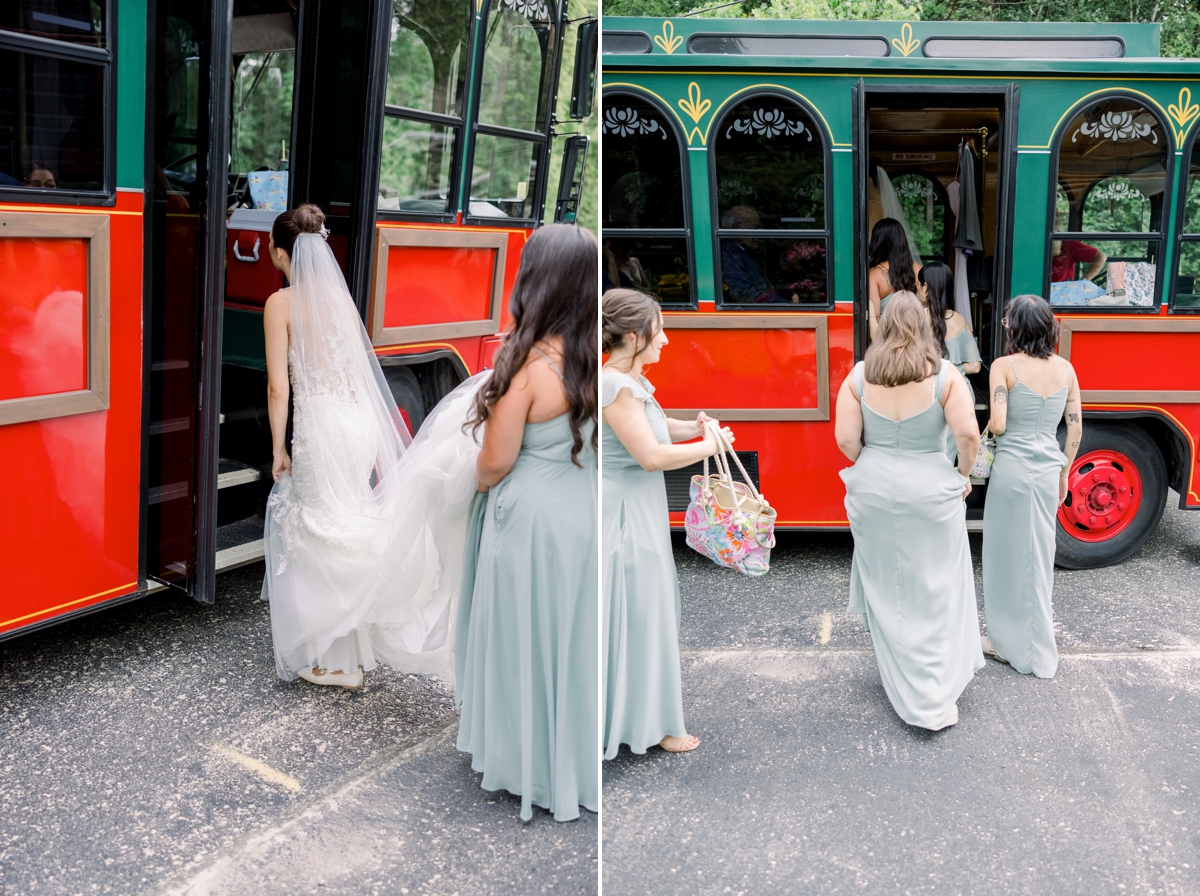 Collage of Alyssa and her bridesmaids getting on a trolley on the way to her first look in Petoskey, MI