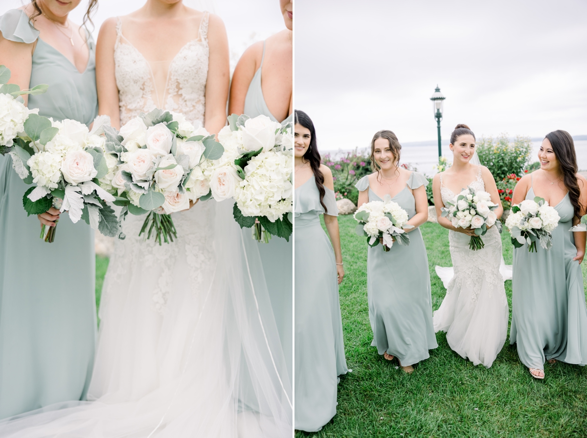 Collage of a detail photo of Alyssa and her bridesmaids' bouquets and them walking and laughing.