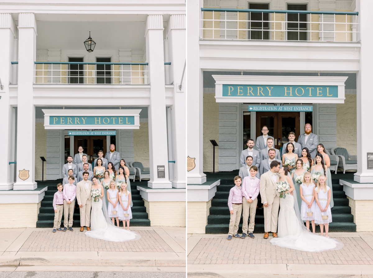 Collage of Alyssa and Marcus with their wedding party on the steps of the Perry Hotel.