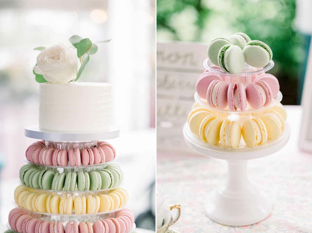 Collage of a white wedding cake with pastel macaroons.