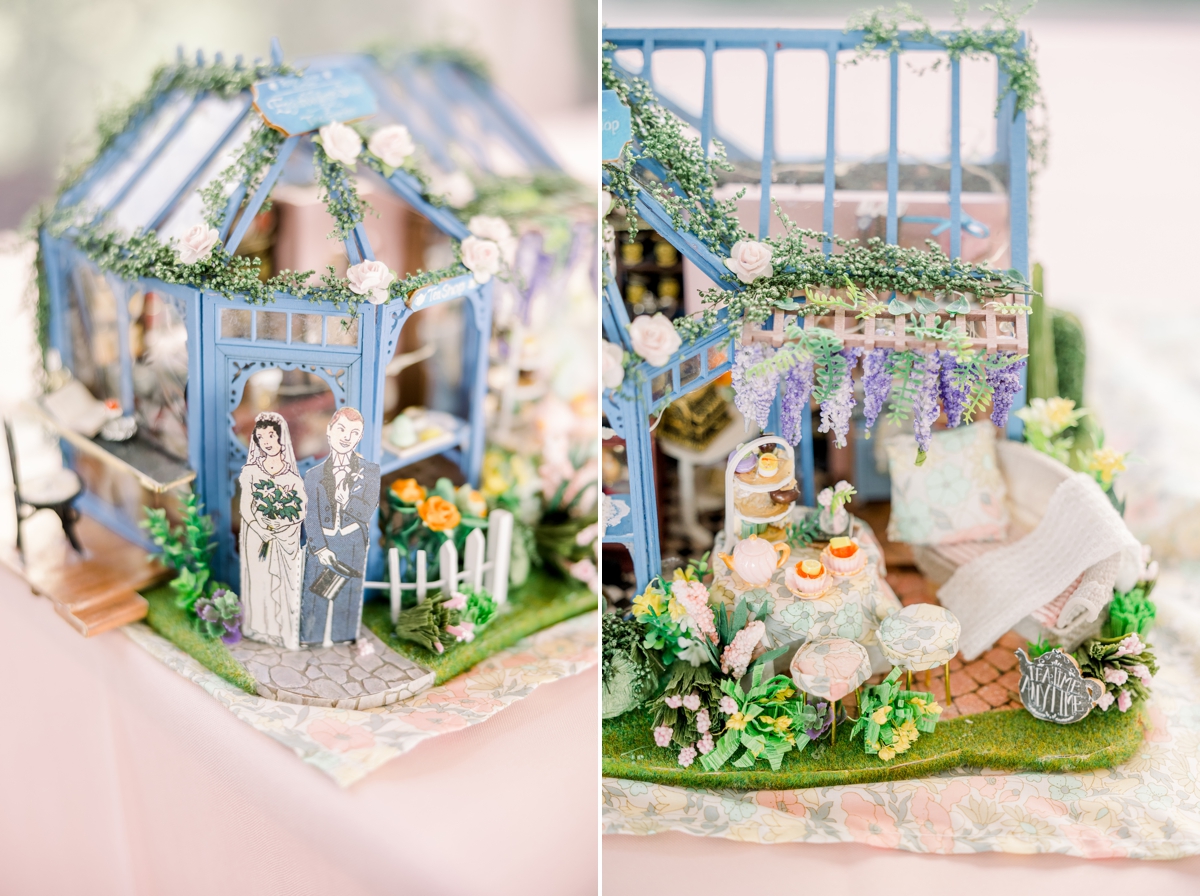 Collage of a detailed blue house with the bride and groom.