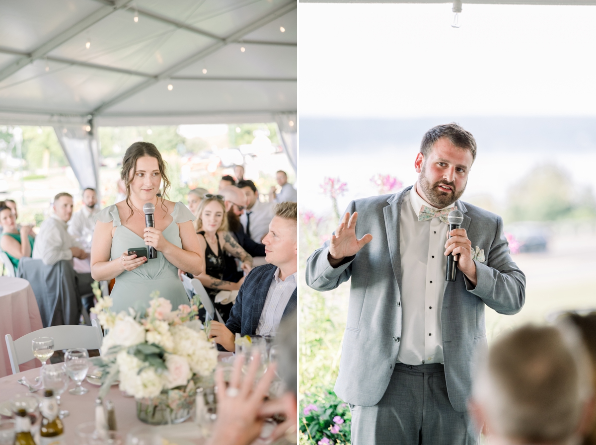 Collage of the best man and maid of honor giving their toasts.