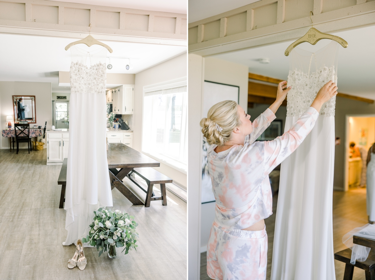 Collage of Caitlin's wedding dress hanging in their lake house and Caitlin gently touching it as she gets ready for their wedding.