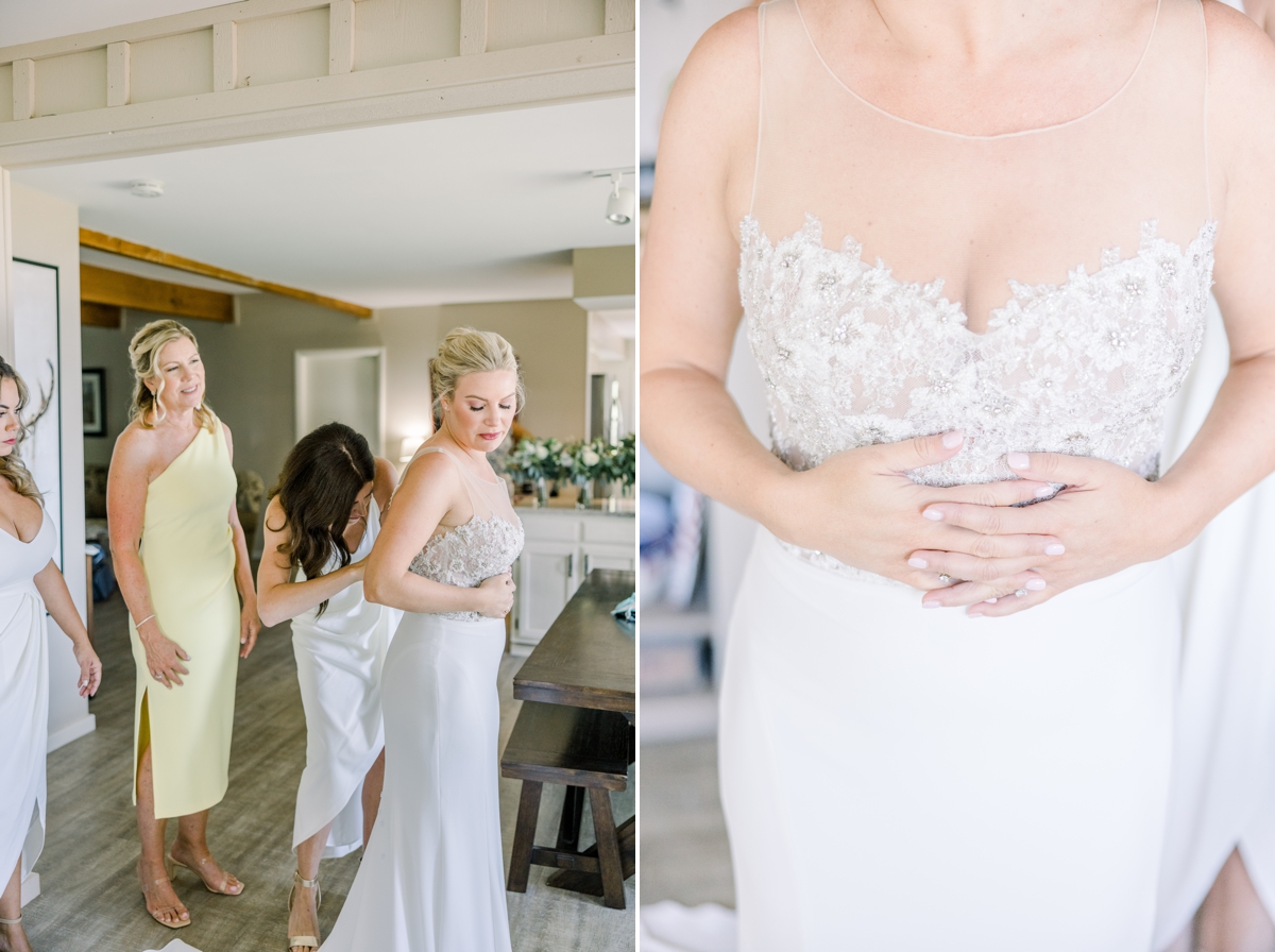 Collage of Caitlin being helped into her wedding gown and a detail photo of her clasping her hands in front of her waist in her wedding gown.