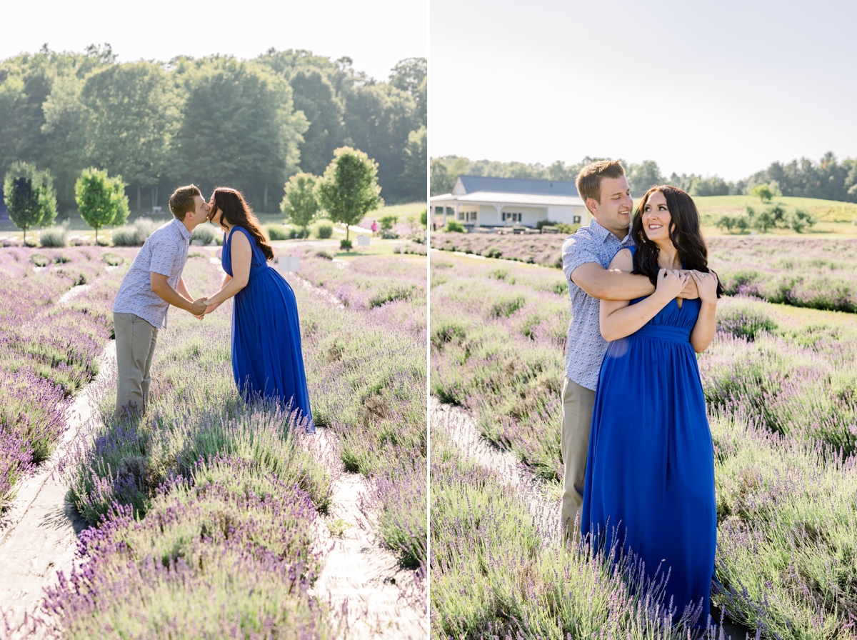 Collage of Lindsey and Austin kissing over a row of lavender and Austin hugging Lindsey from behind during their engagement session.