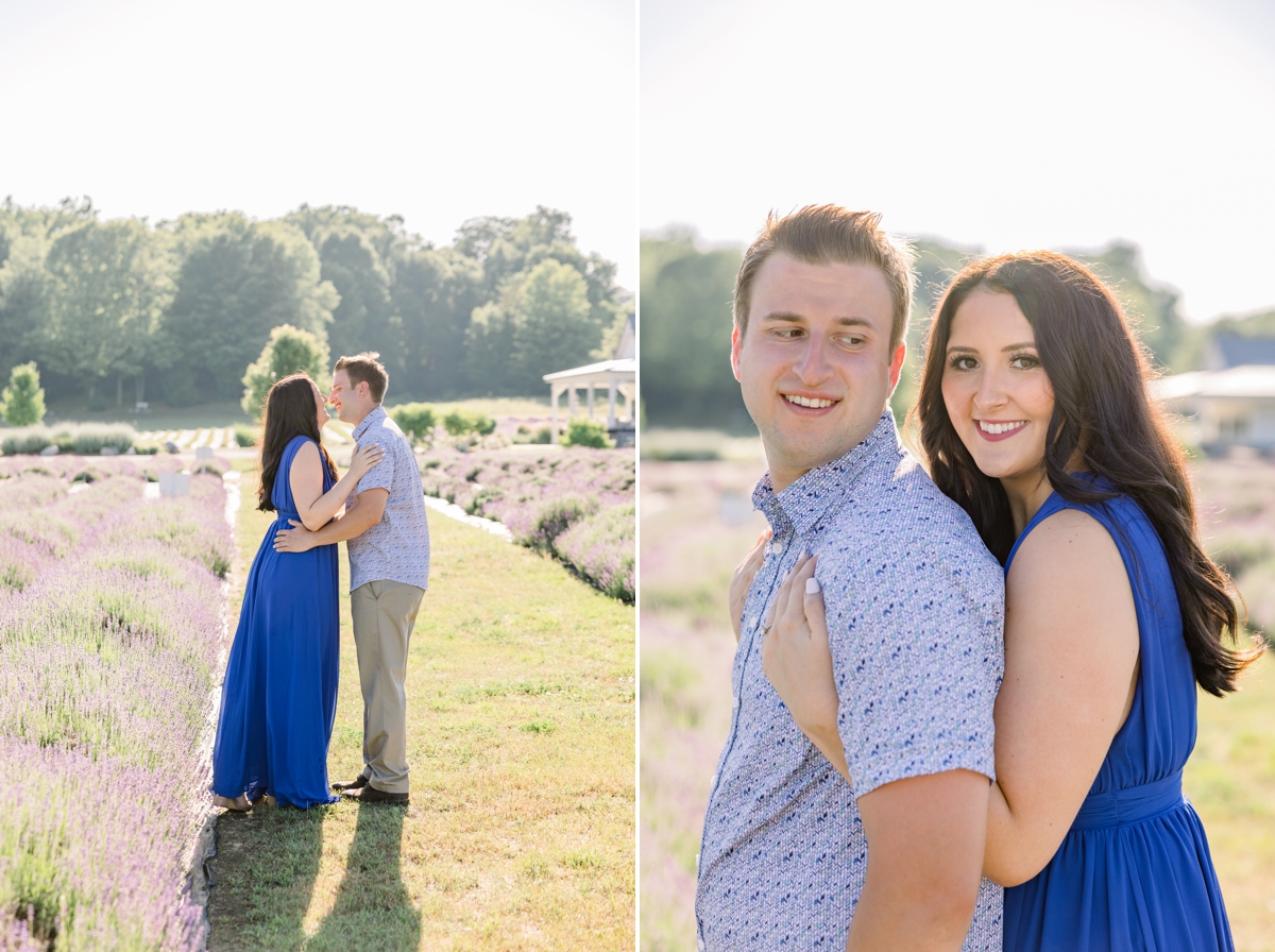 Collage of Lindsey and Austin smiling at each other and Lindsey hugging Austin from behind during their engagement session.