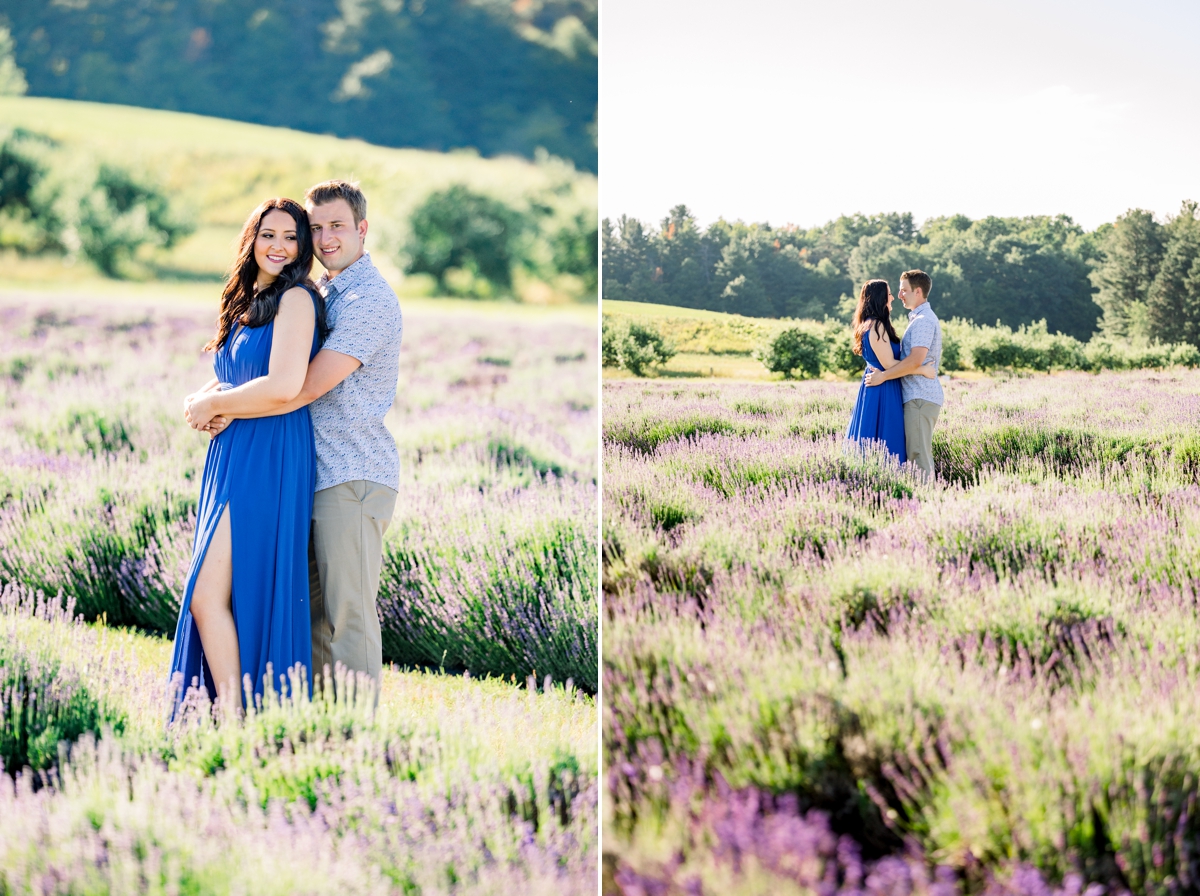 Collage of Austin hugging Lindsey from behind and then kissing in a lavender field during their engagement session.