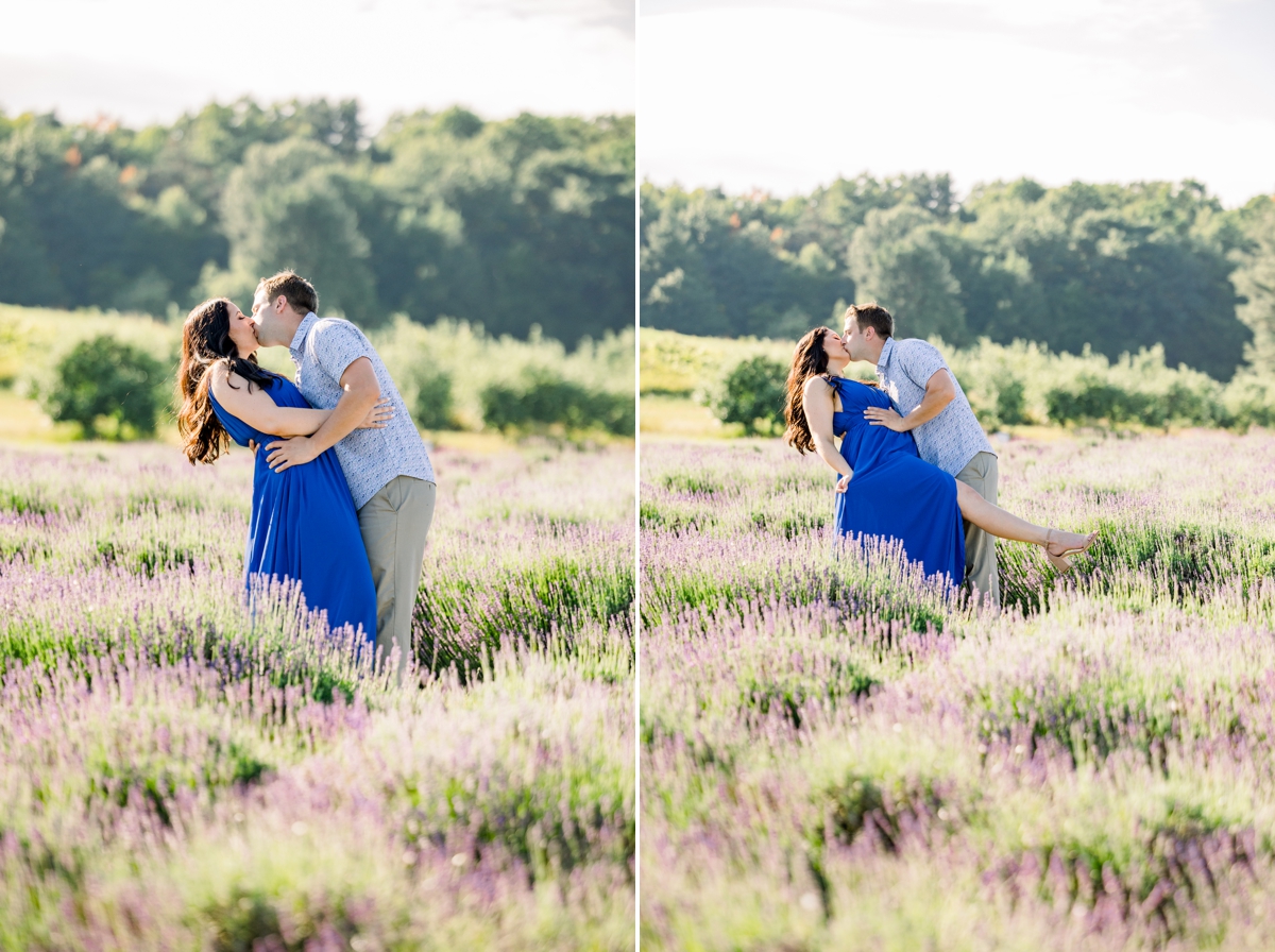 Austin dipping Lindsey and kissing her during their engagement session.