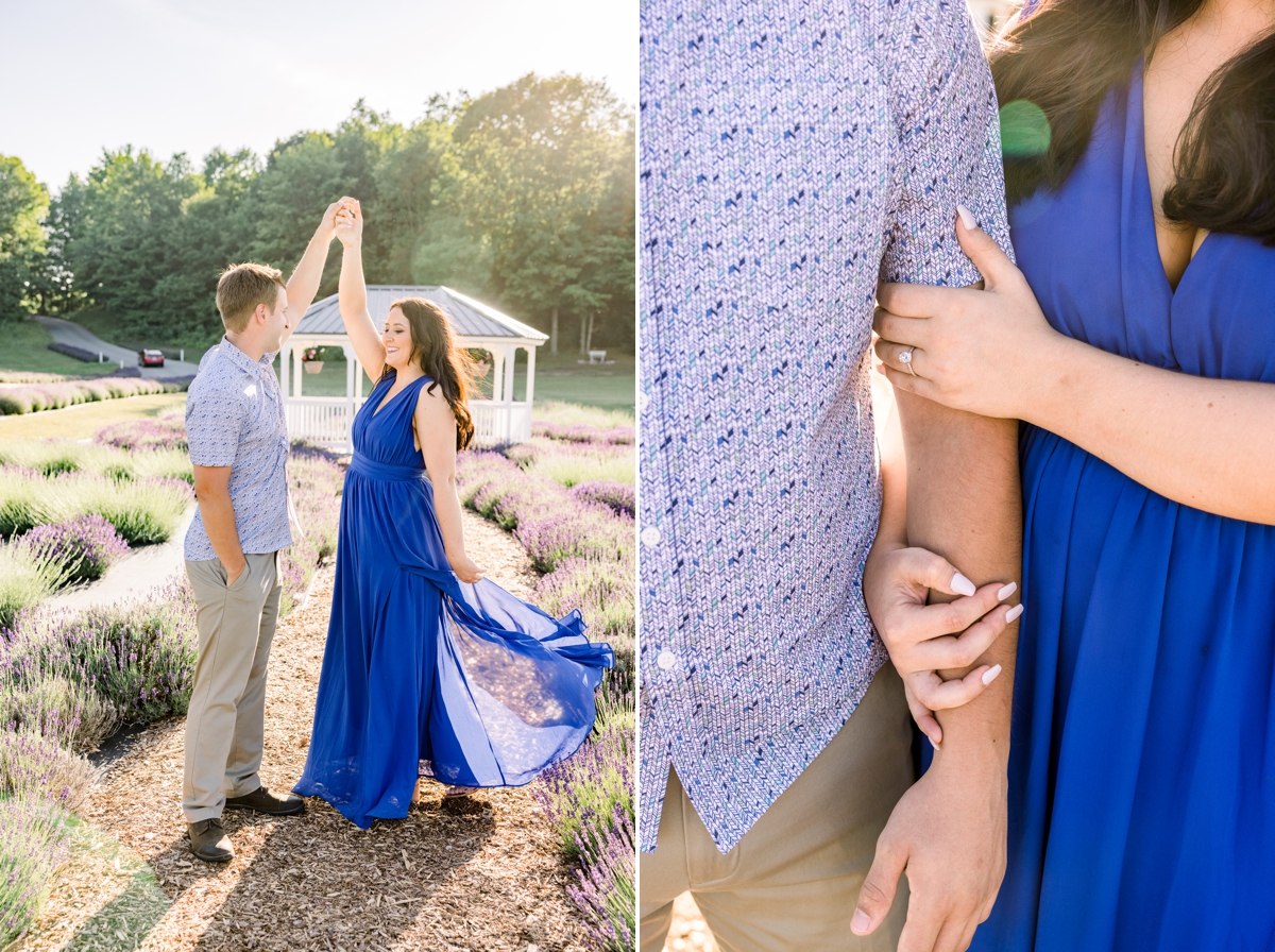 Collage of Austin spinning Lindsey during their engagement session and a detail photo of her holding his arm.