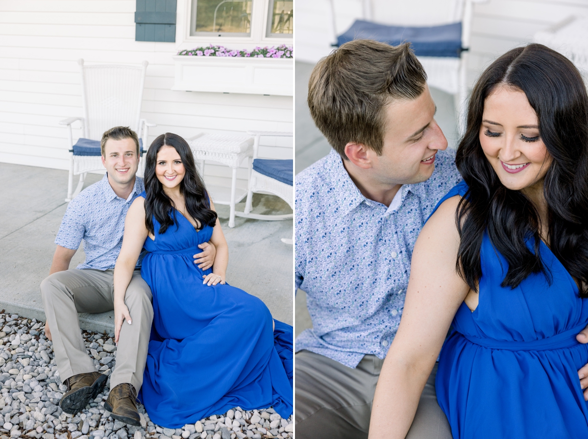 Collage of Lindsey and Austin smiling as they sit on the porch steps during their engagement session.