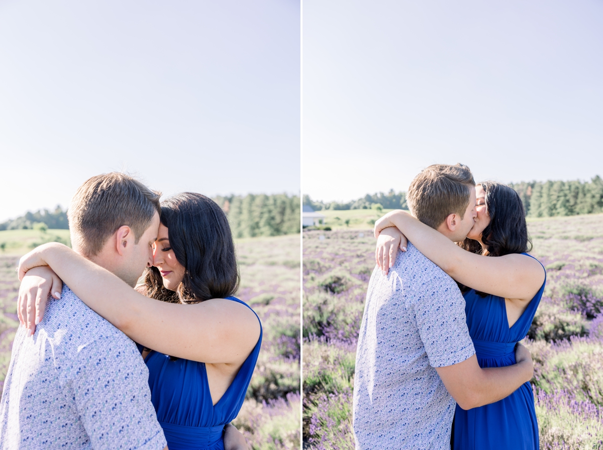 Collage of Lindsey and Austin with the foreheads pressed together and them kissing during their engagement session.