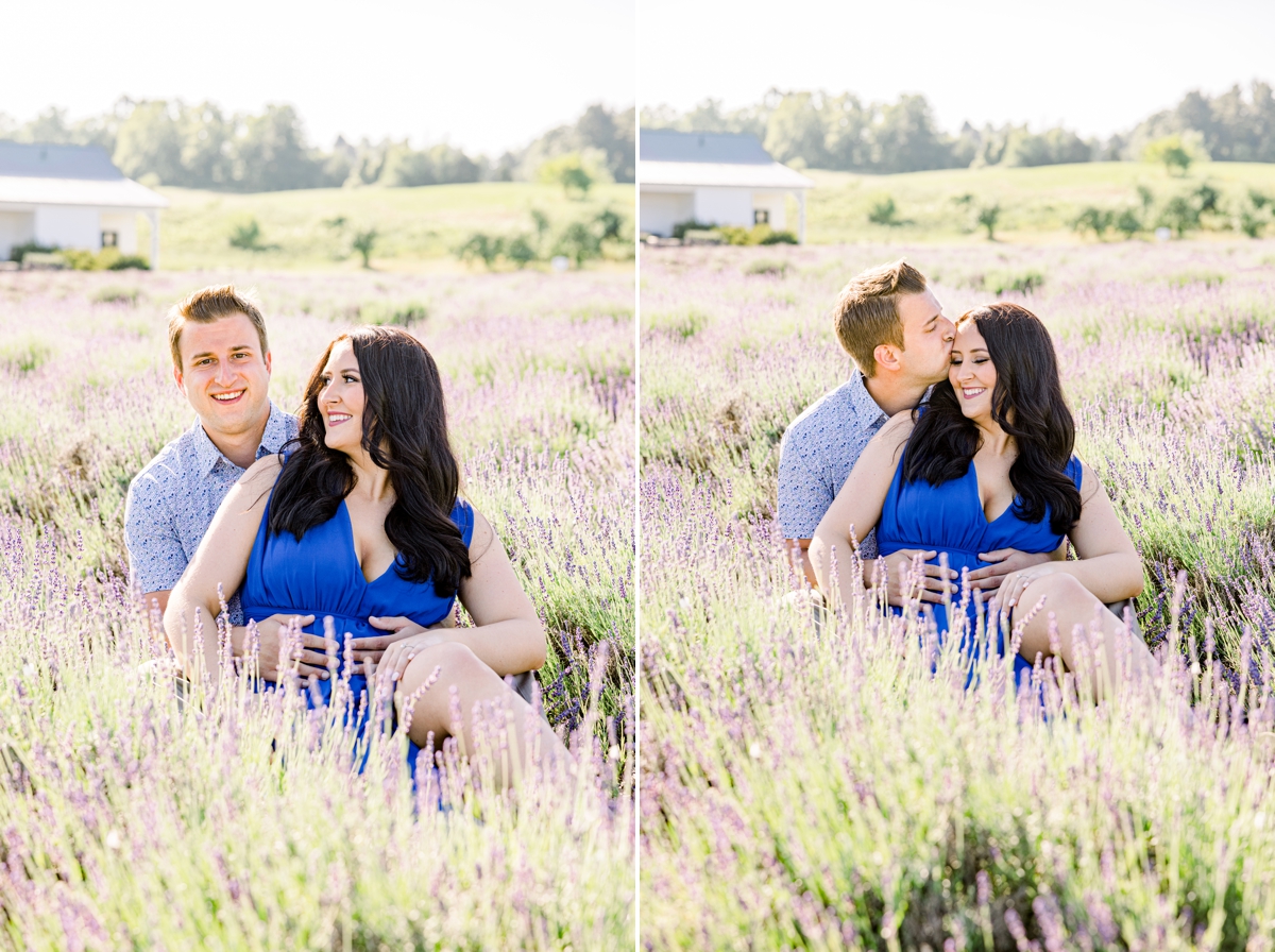 Collage of Lindsey and Austin sitting in a lavender field smiling and laughing at each other during their engagement session.