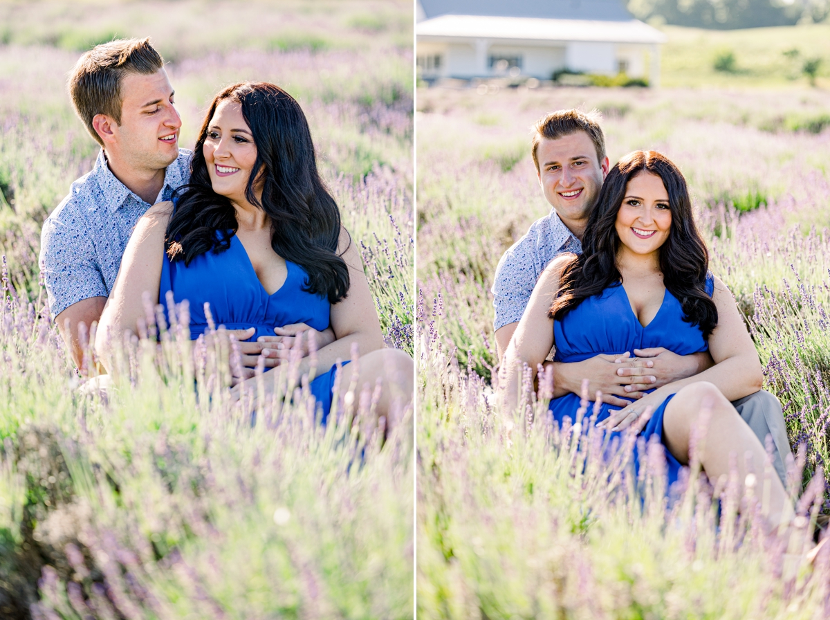Collage of Lindsey and Austin sitting in a lavender field smiling and laughing at each other.