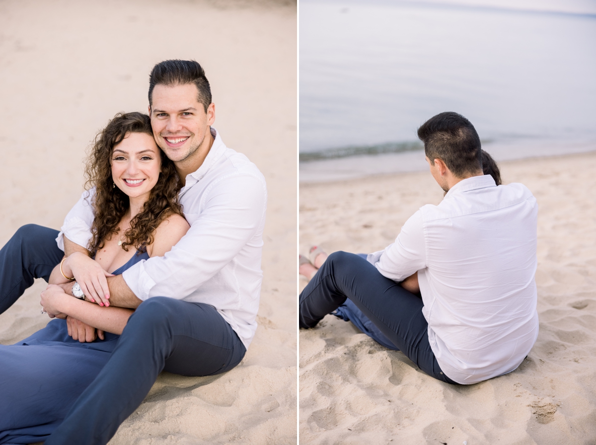Collage of Marissa and Alex smiling in the sand as they look out at the ocean during their engagement session.