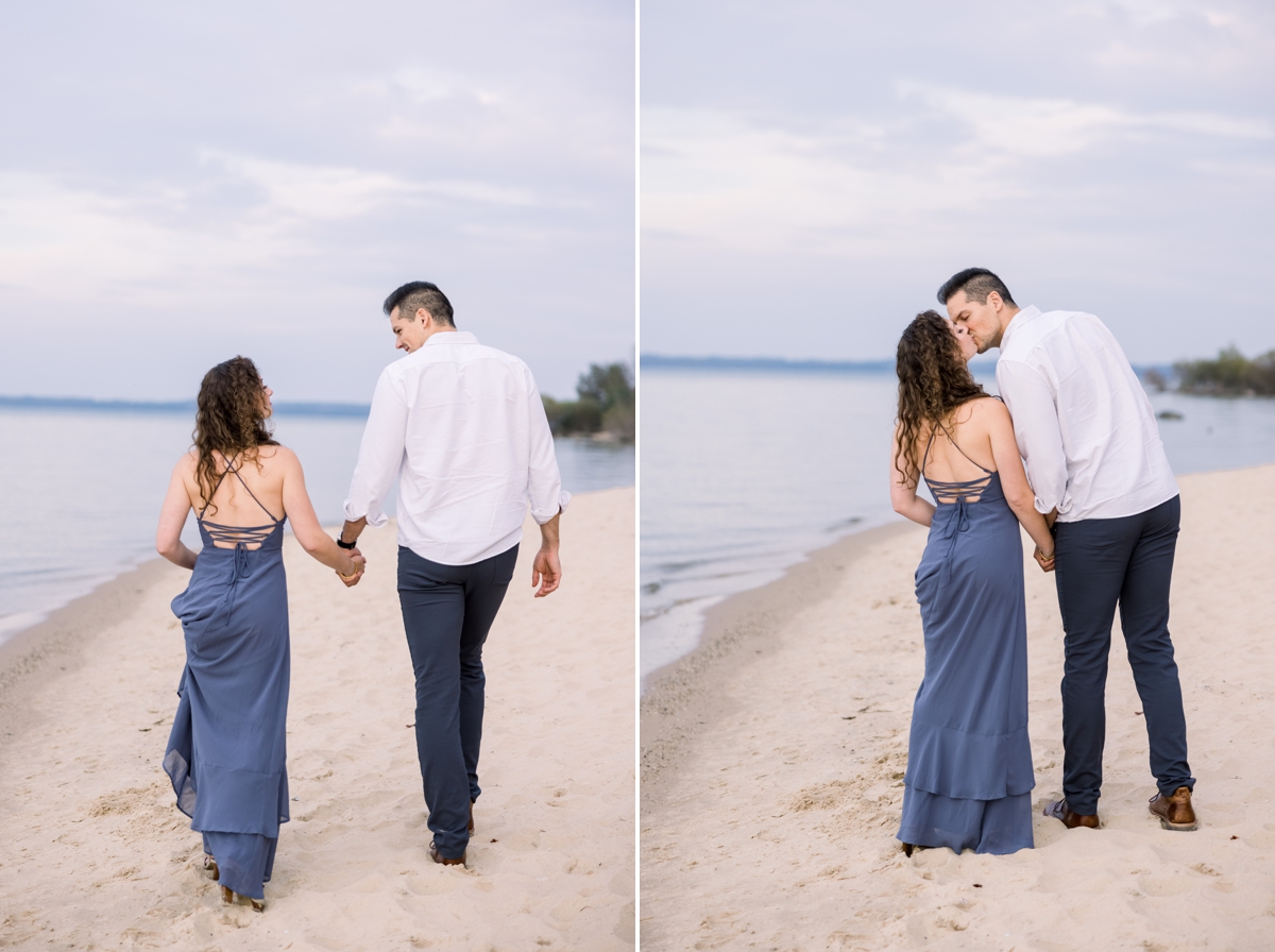 Collage of Alex and Marissa walking hand in hand along the beach and kissing.