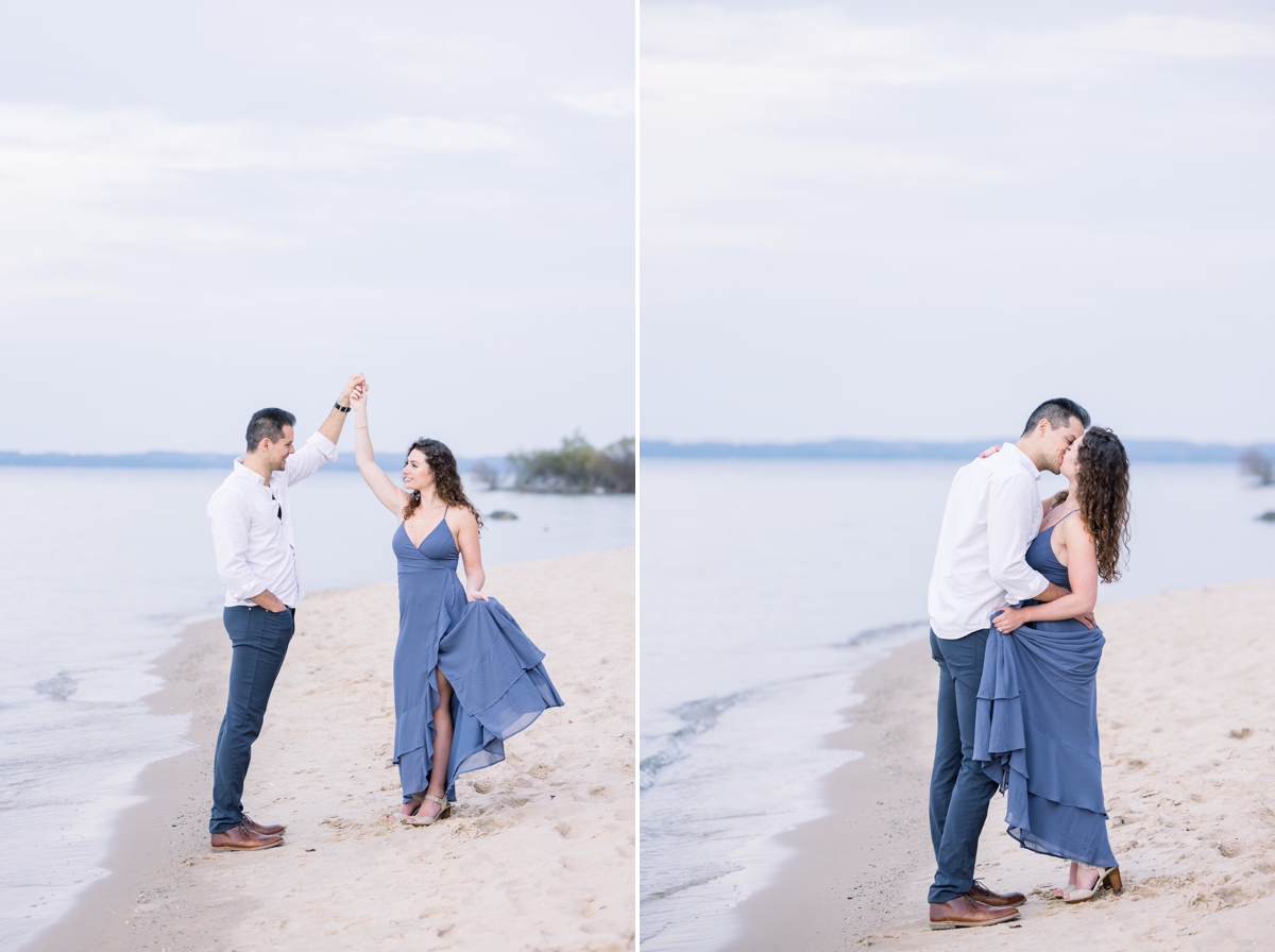 Alex and Marissa dancing and kissing on the beach during their engagement session.