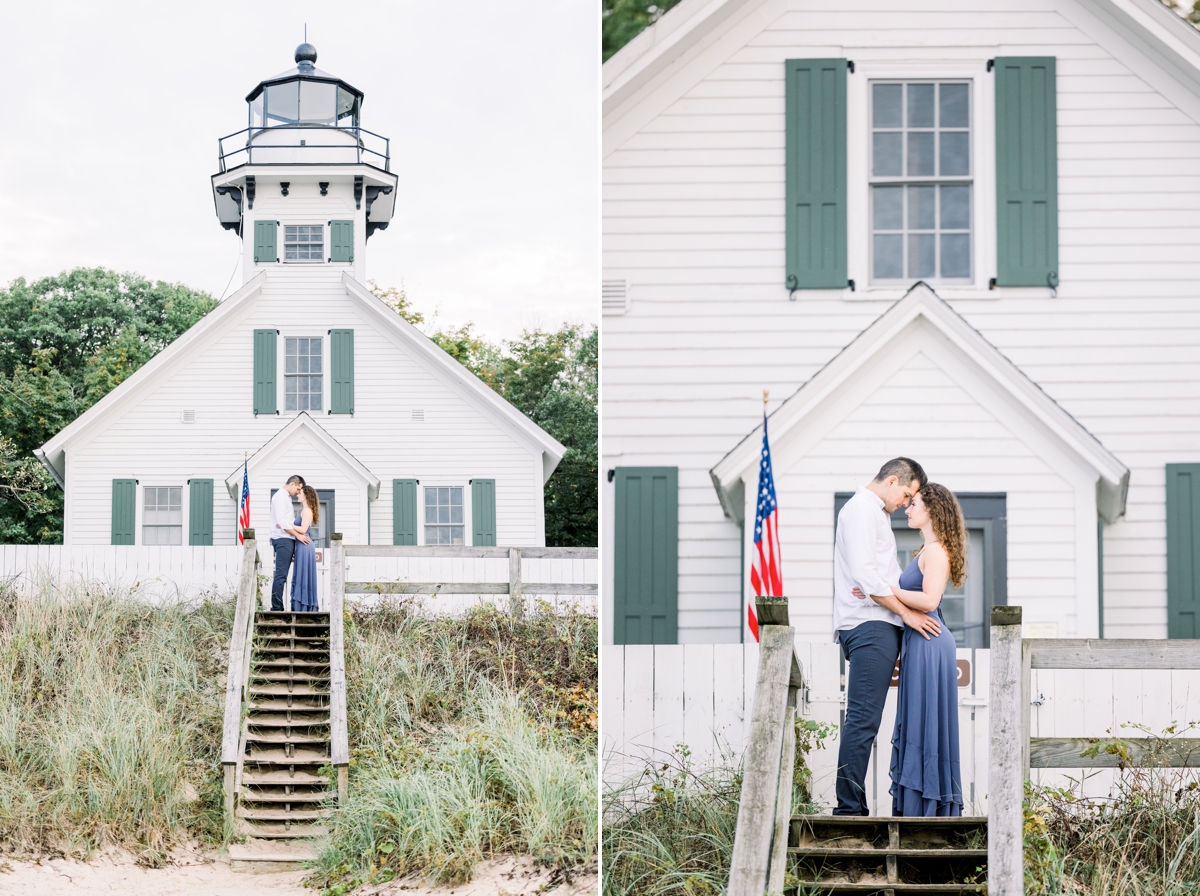 Collage of Marissa and Alex kissing on the steps of a lighthouse during their engagement session with Mandie Forbes Photography.