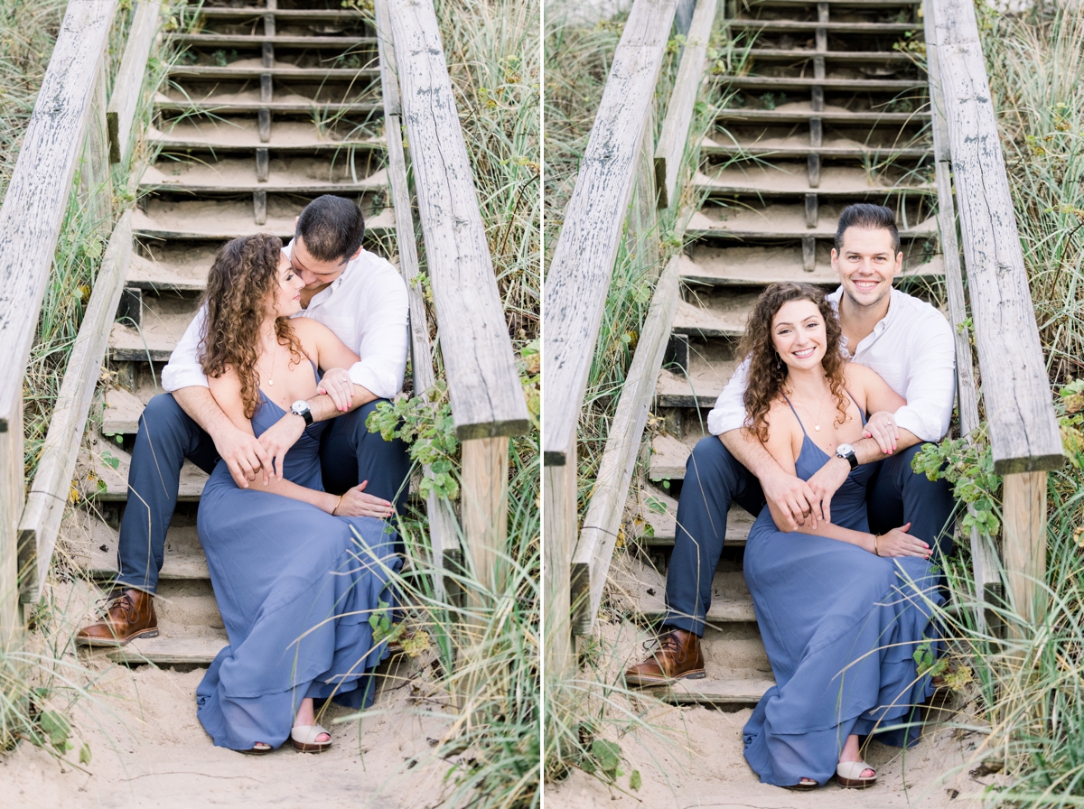Collage of Marissa and Alex smiling and kissing while they sit on the stairs that lead to the beach.