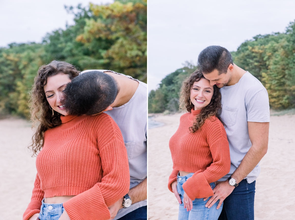 Collage of Alex kissing Marissa from behind during their beach engagement session.