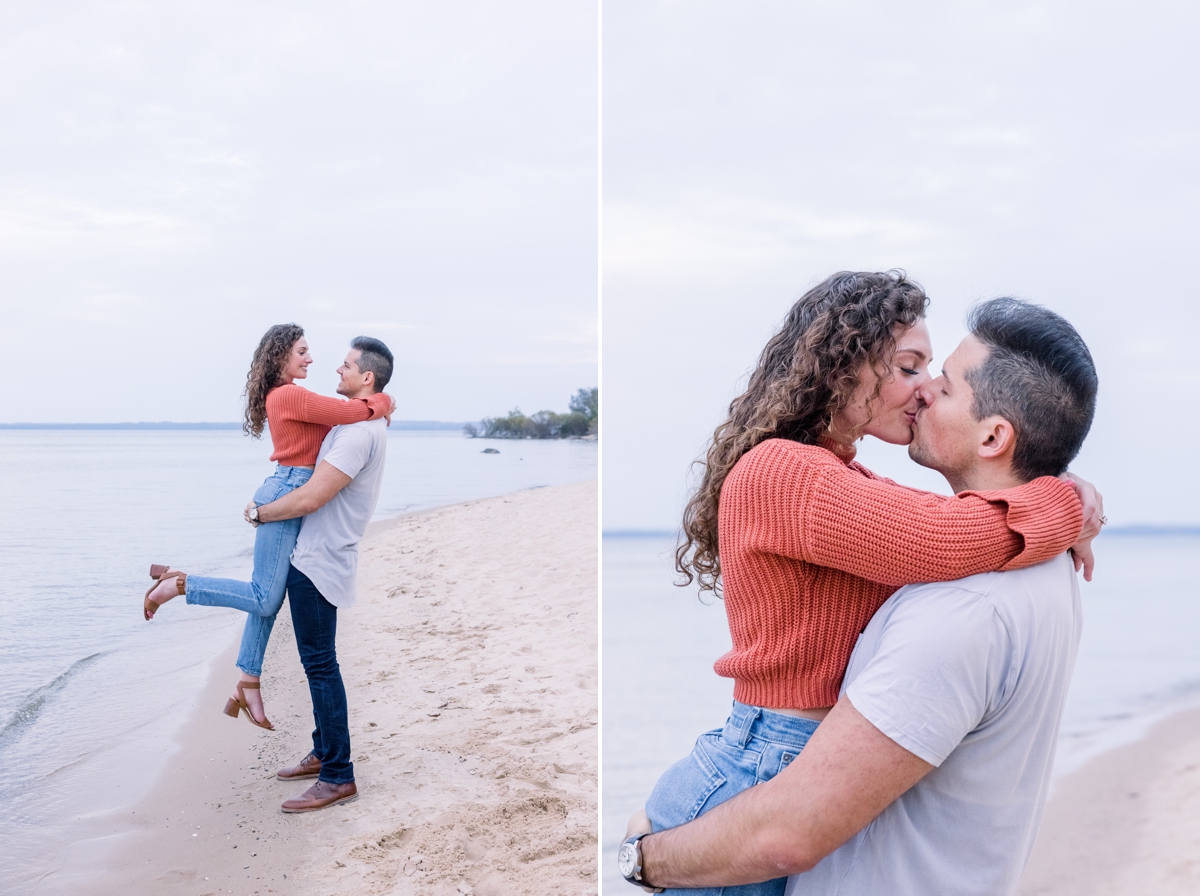 Collage of Alex picking Marissa up and kissing her during their engagement session.