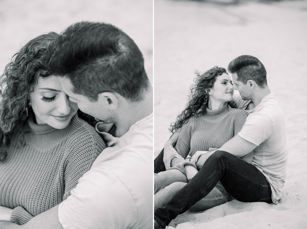 Black and white collage of Alex and Marissa snuggling in the sand during their beach engagement session with Mandie Forbes Photography.