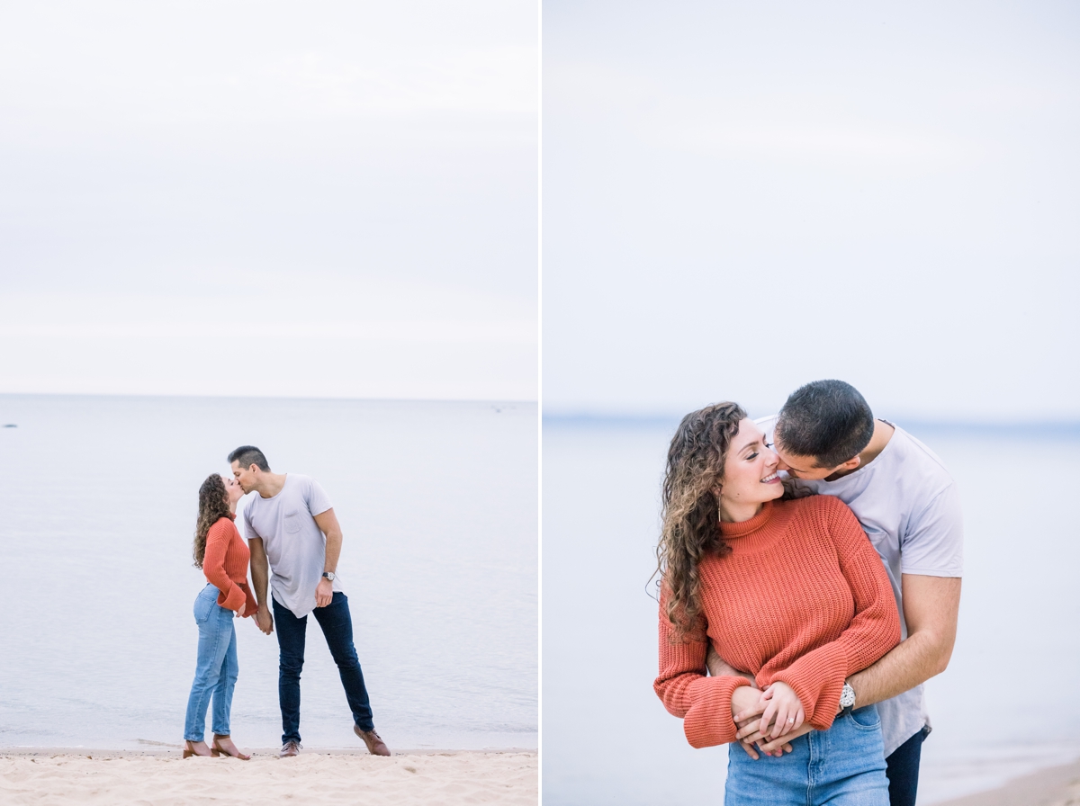 Collage of Alex and Marissa kissing during their beach engagement session with Mandie Forbes Photography.