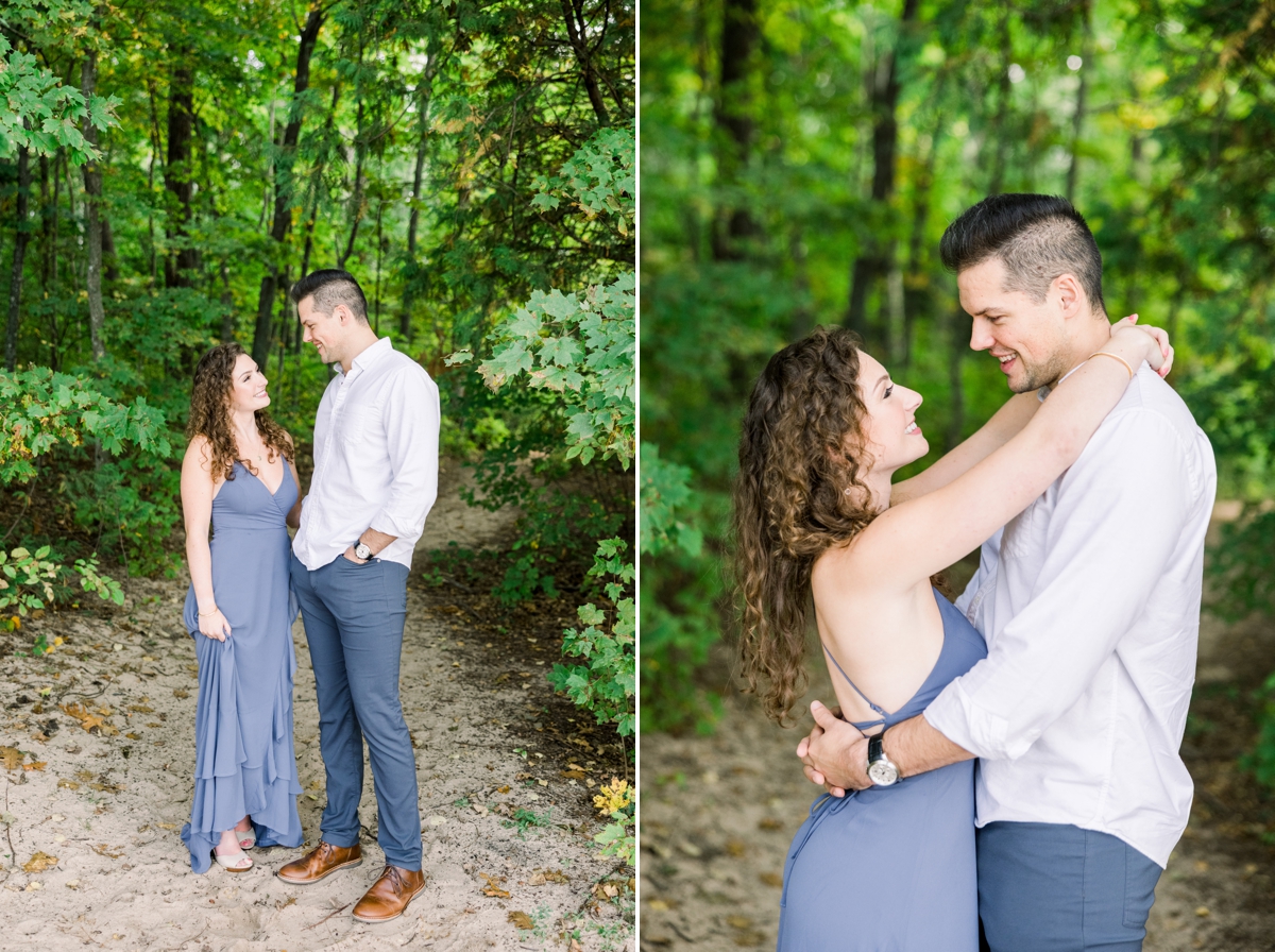 Collage of Marissa and Alex smiling at each other on the edge of the woods during their engagement session with Mandie Forbes Photography.