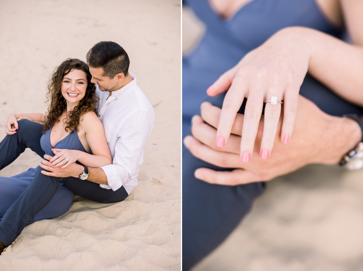 Collage of Marissa and Alex sitting in the sand during their beach engagement session and a close up of Marissa's hand showcasing her engagement ring.